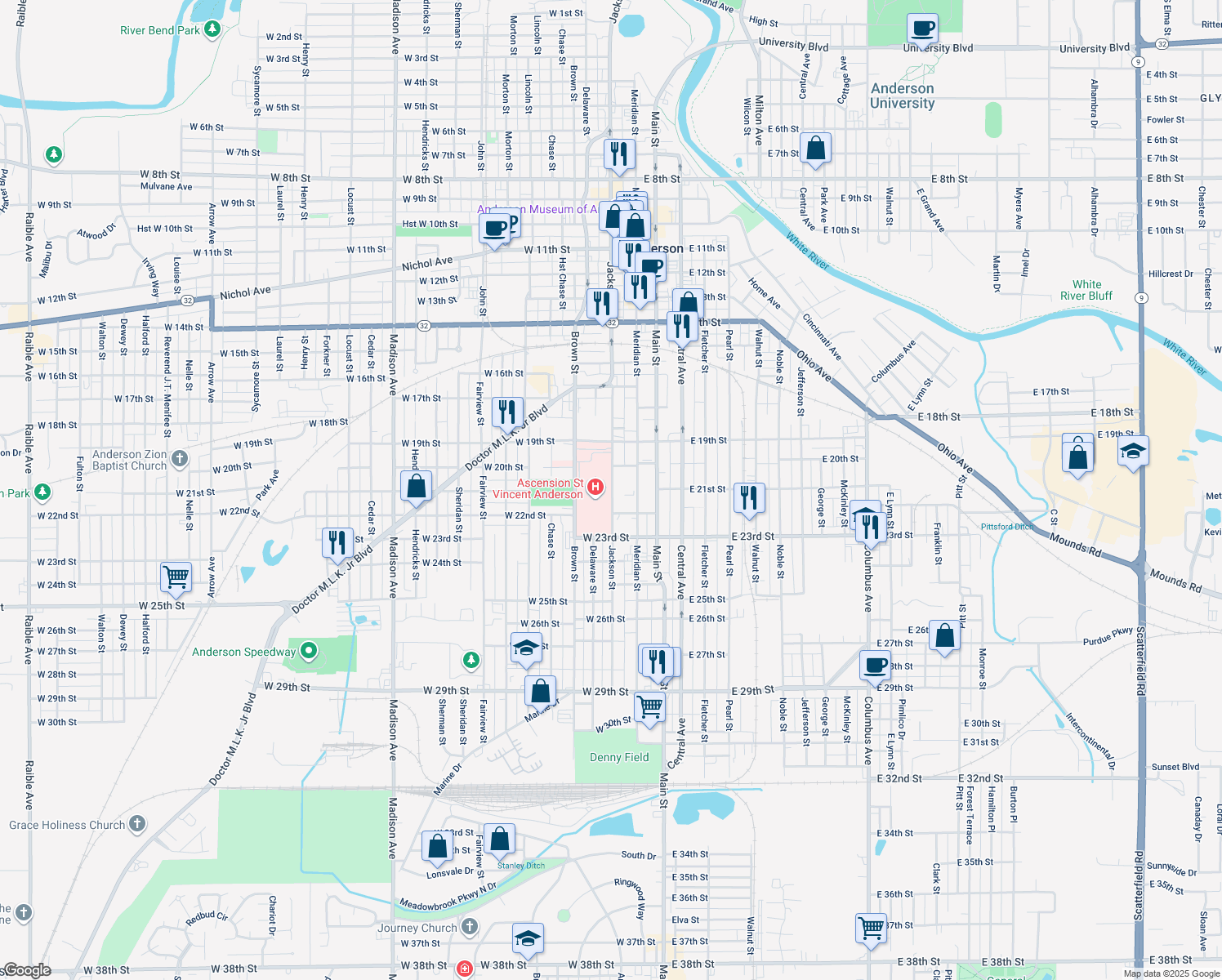 map of restaurants, bars, coffee shops, grocery stores, and more near 2101 Jackson Street in Anderson