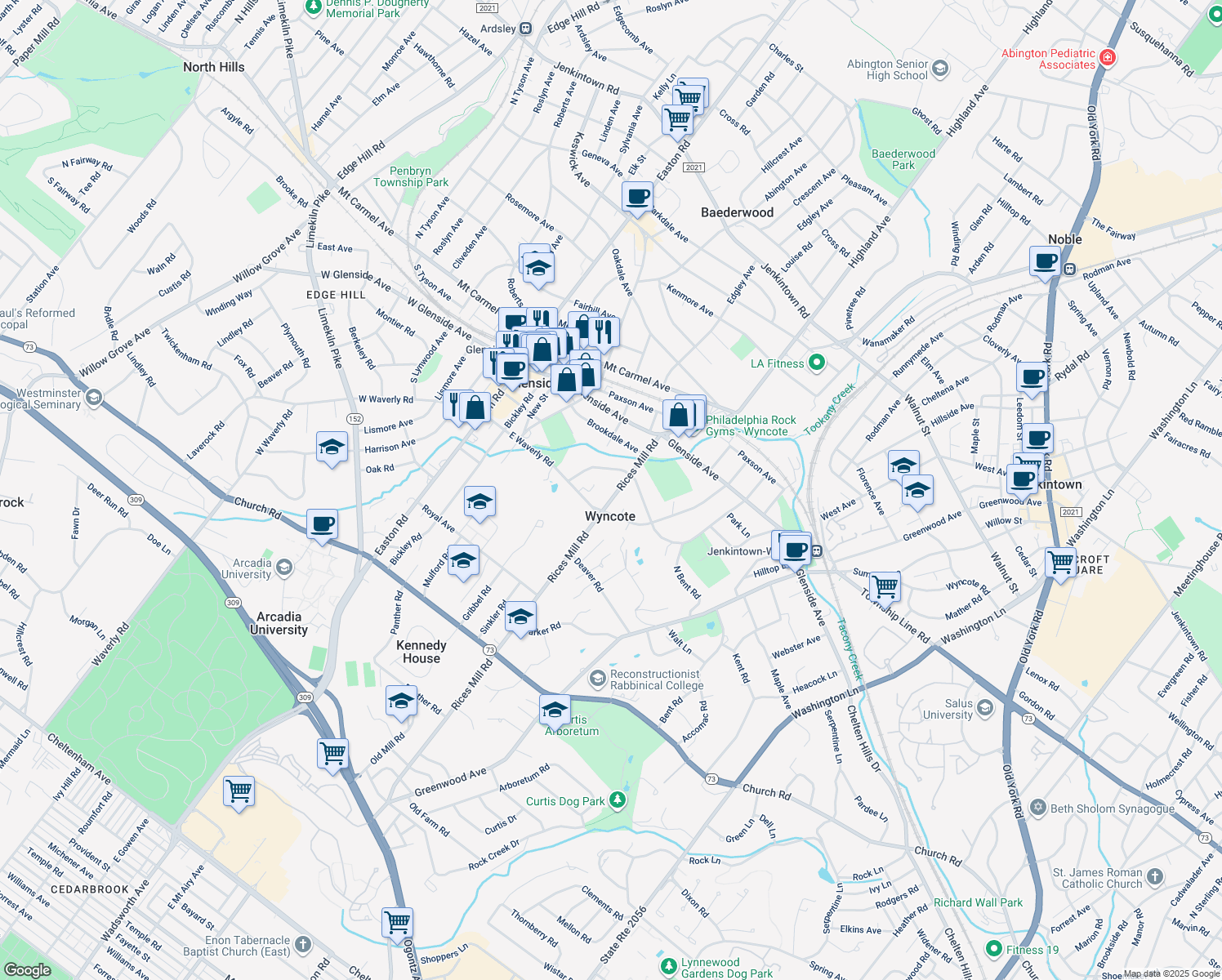 map of restaurants, bars, coffee shops, grocery stores, and more near 120 Rices Mill Road in Wyncote