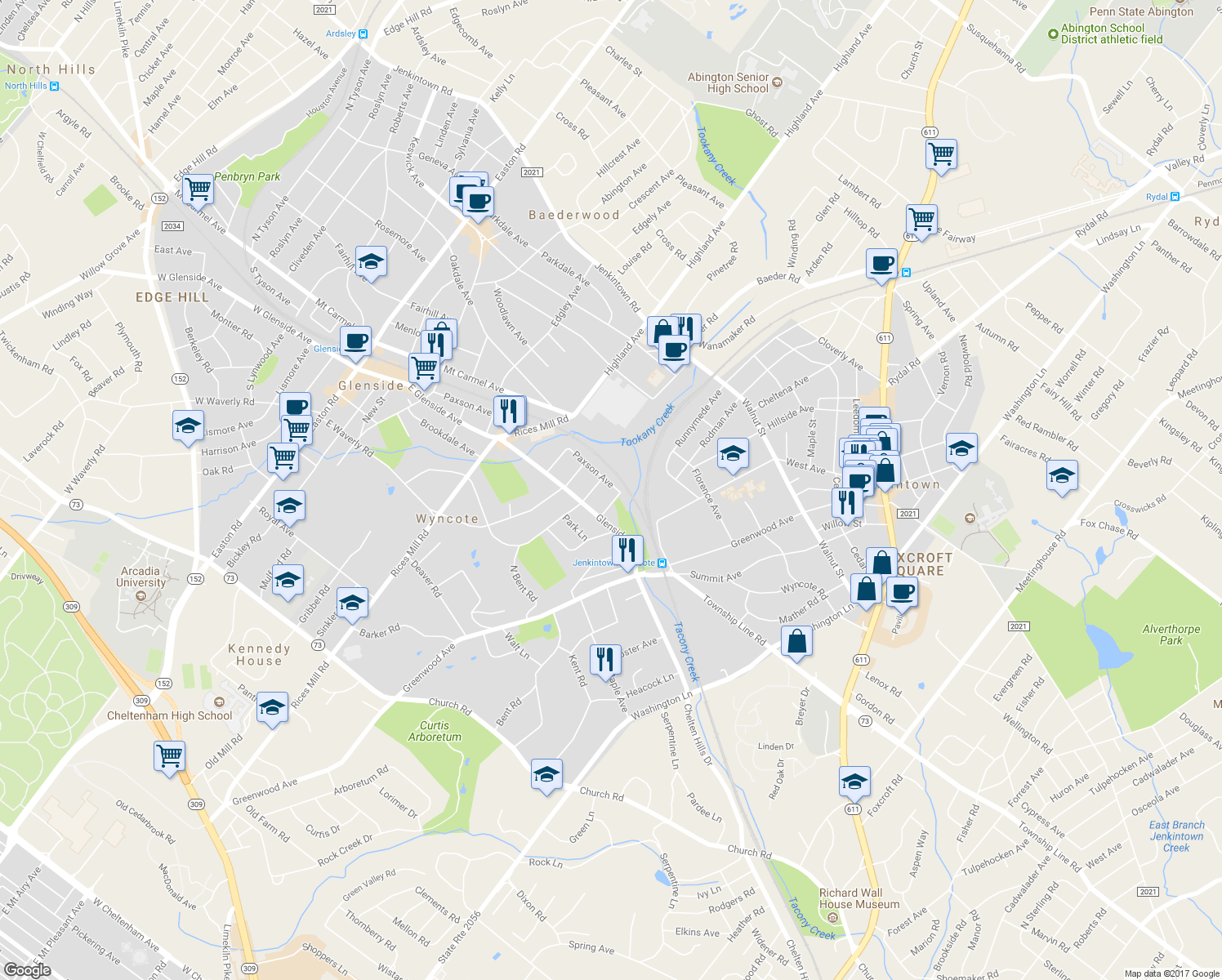 map of restaurants, bars, coffee shops, grocery stores, and more near 610 Paxson Avenue in Wyncote