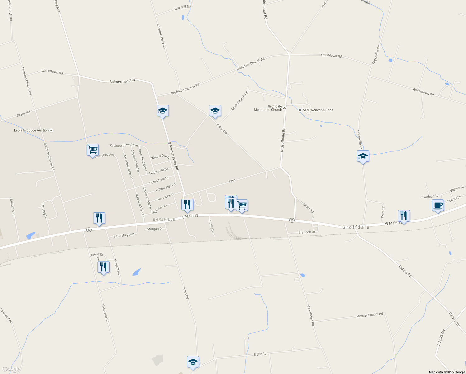 map of restaurants, bars, coffee shops, grocery stores, and more near 176 Butter Rd in Leola