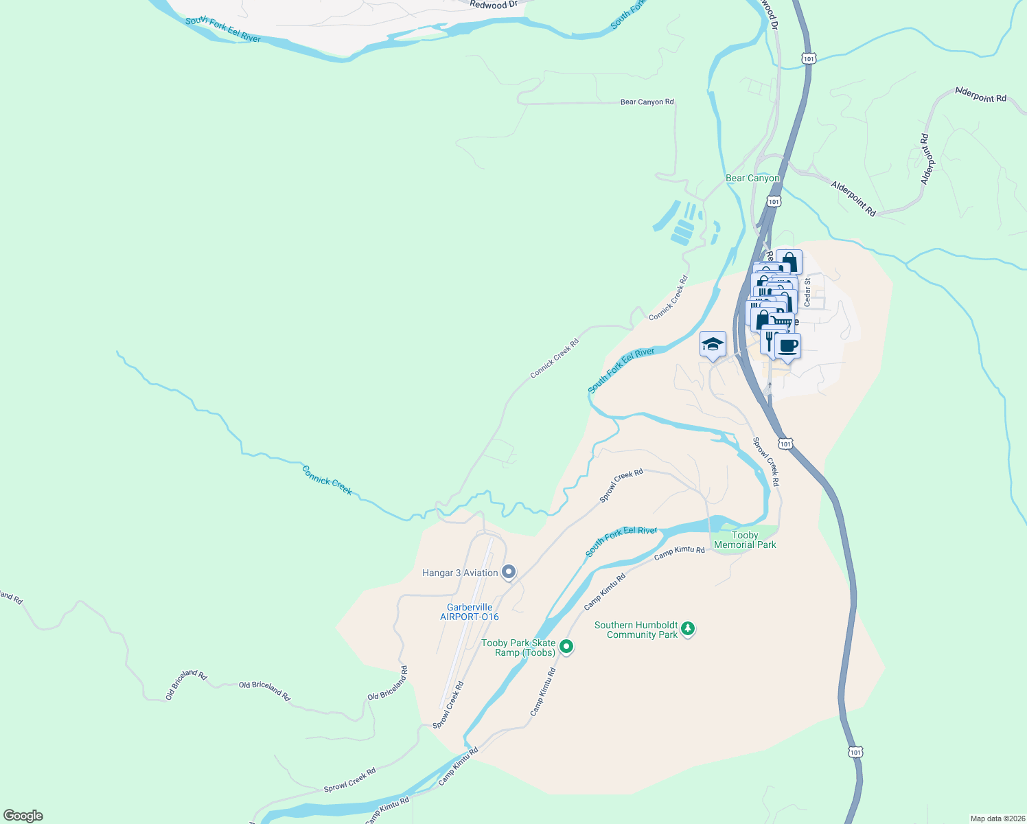 map of restaurants, bars, coffee shops, grocery stores, and more near 575 Connick Creek Road in Garberville