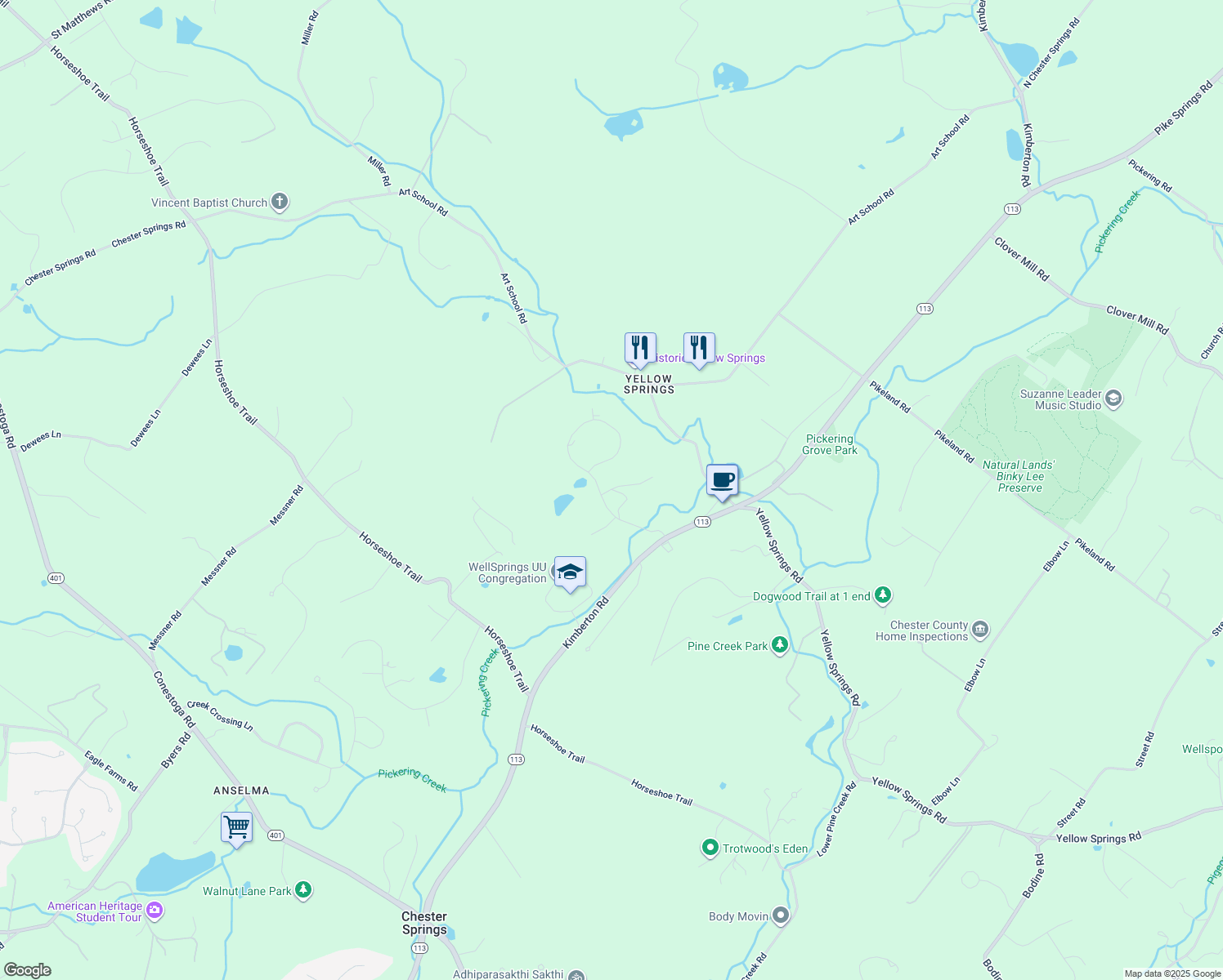 map of restaurants, bars, coffee shops, grocery stores, and more near 1220 Timber Ridge Lane in Chester Springs