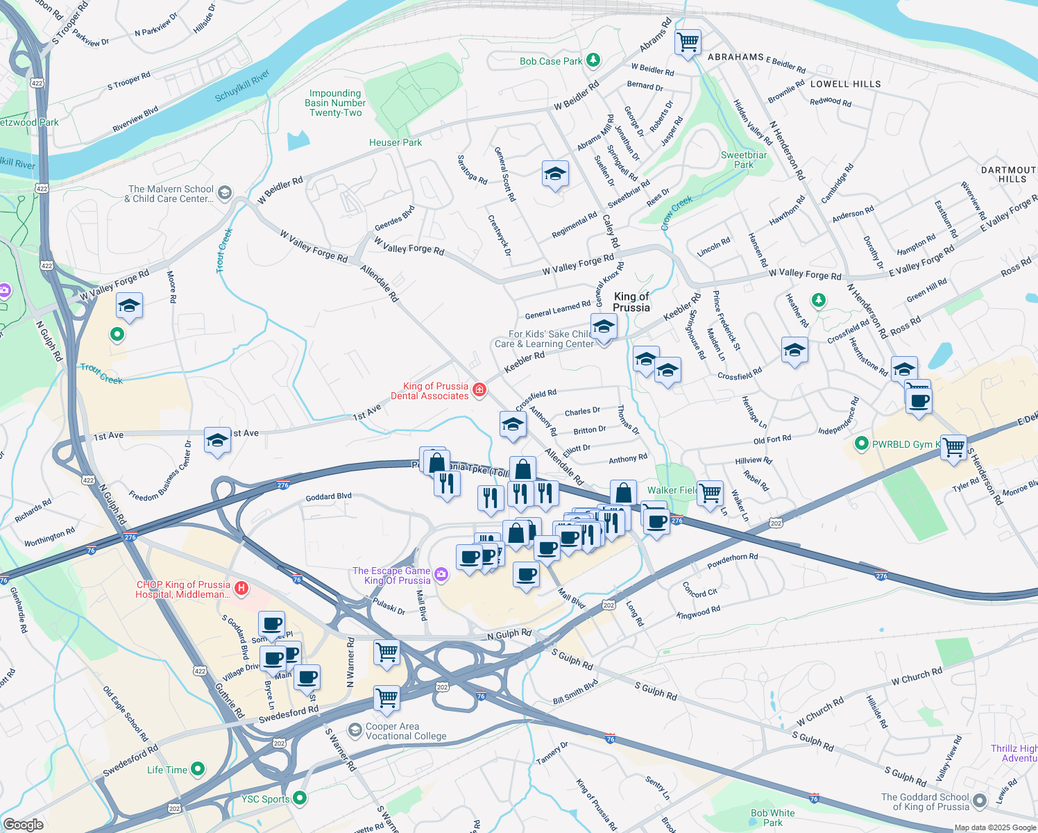 map of restaurants, bars, coffee shops, grocery stores, and more near 388 Allendale Rd in King of Prussia