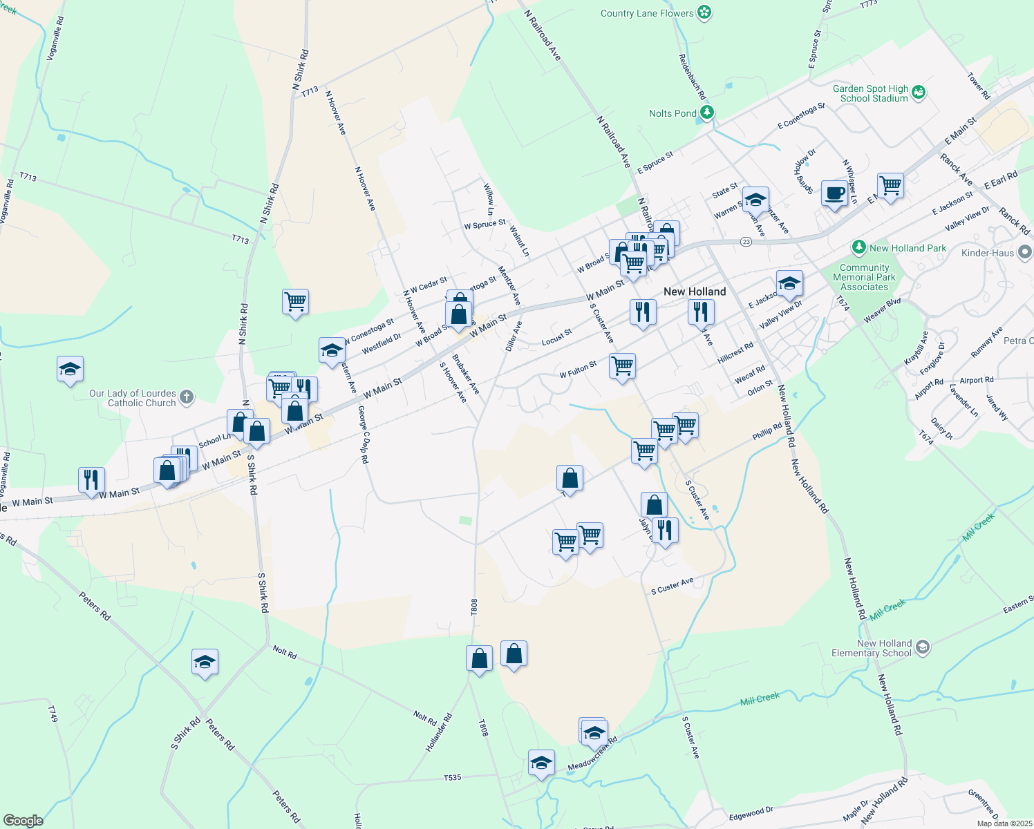 map of restaurants, bars, coffee shops, grocery stores, and more near 218 Stoever Drive in New Holland