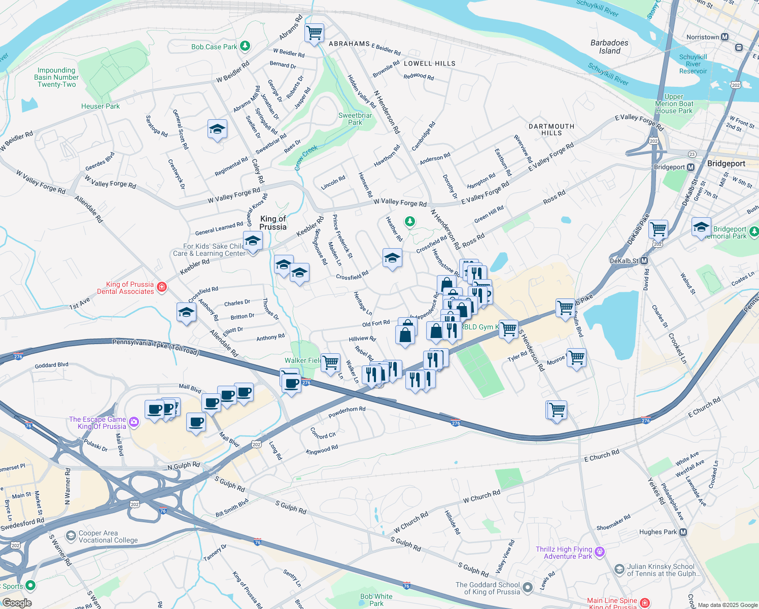 map of restaurants, bars, coffee shops, grocery stores, and more near 380 Heritage Lane in King of Prussia