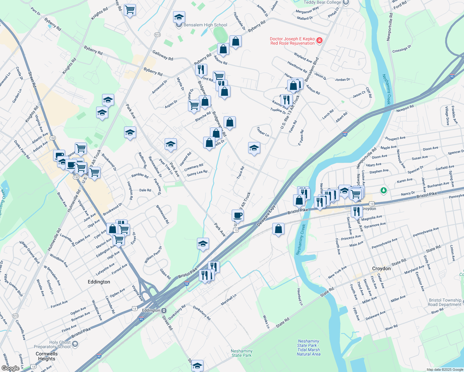 map of restaurants, bars, coffee shops, grocery stores, and more near 1134 Sheffield Court in Bensalem