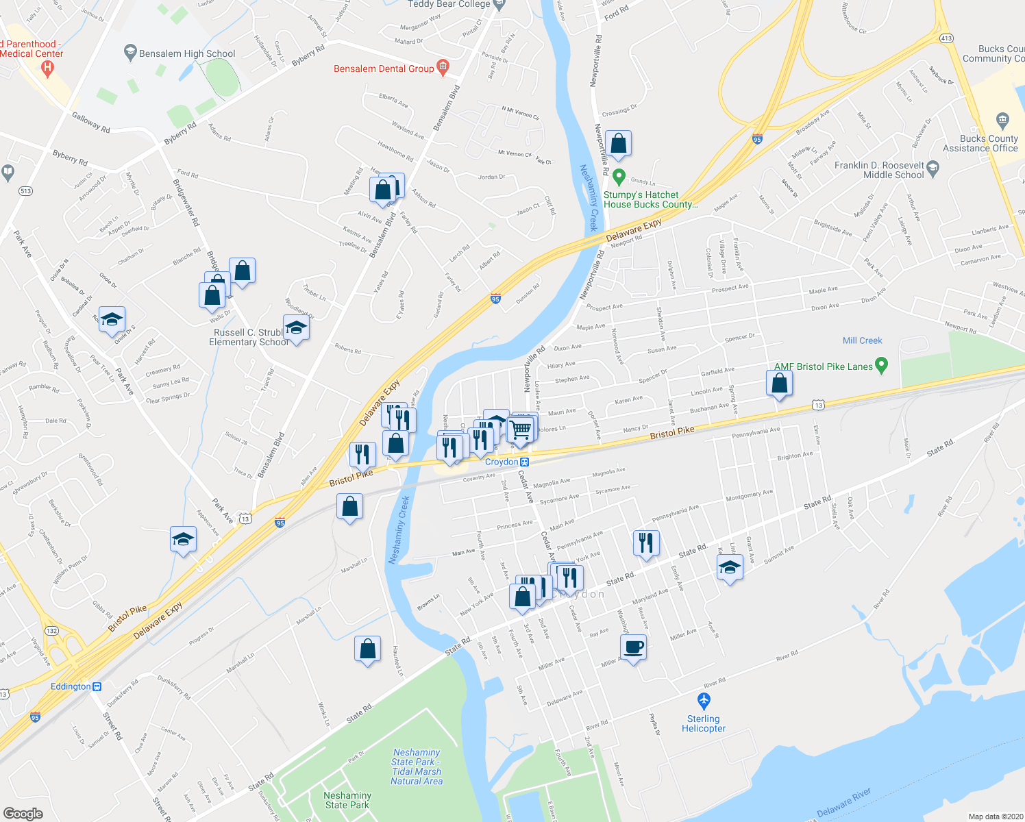 map of restaurants, bars, coffee shops, grocery stores, and more near 202 Belmont Avenue in Croydon