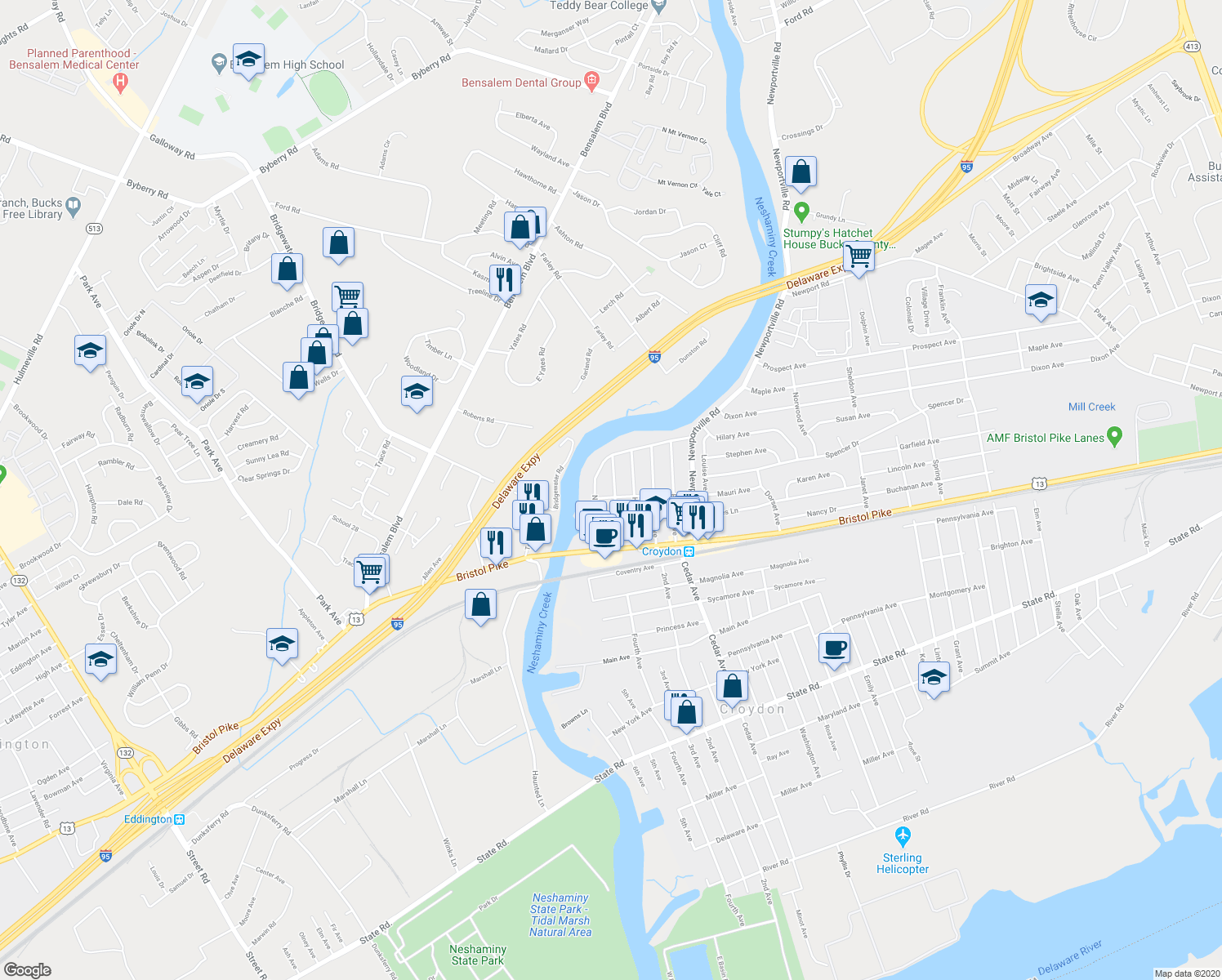 map of restaurants, bars, coffee shops, grocery stores, and more near 209 Clover Avenue in Croydon