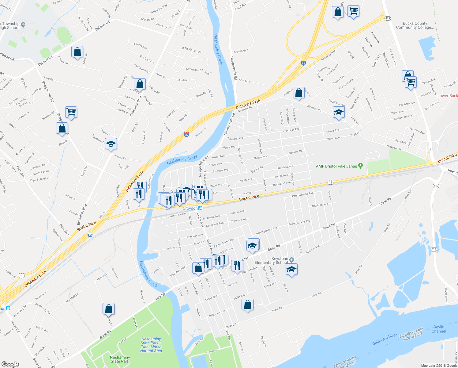 map of restaurants, bars, coffee shops, grocery stores, and more near 204 Dorset Avenue in Croydon
