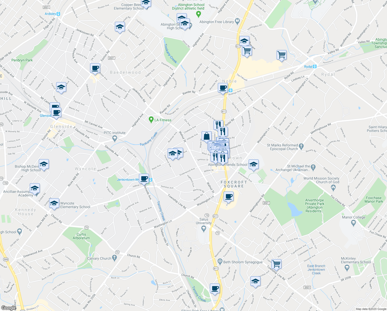 map of restaurants, bars, coffee shops, grocery stores, and more near 350 Walnut Street in Jenkintown