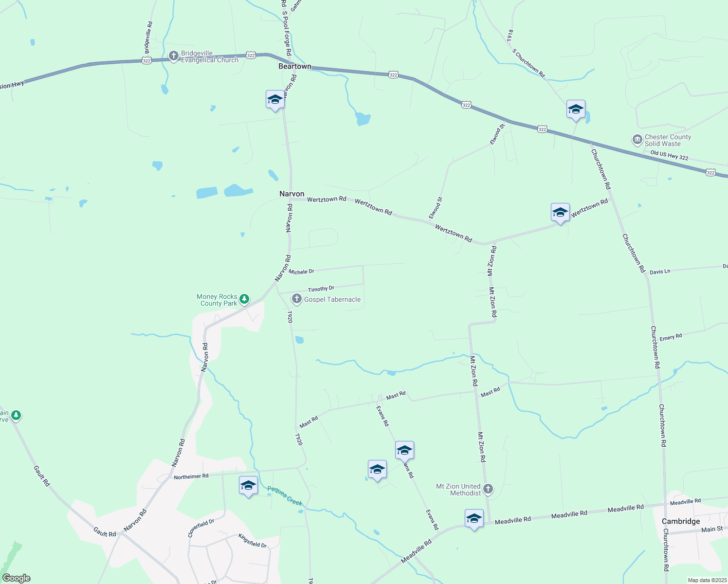 map of restaurants, bars, coffee shops, grocery stores, and more near 894 Glorry Lane in Narvon