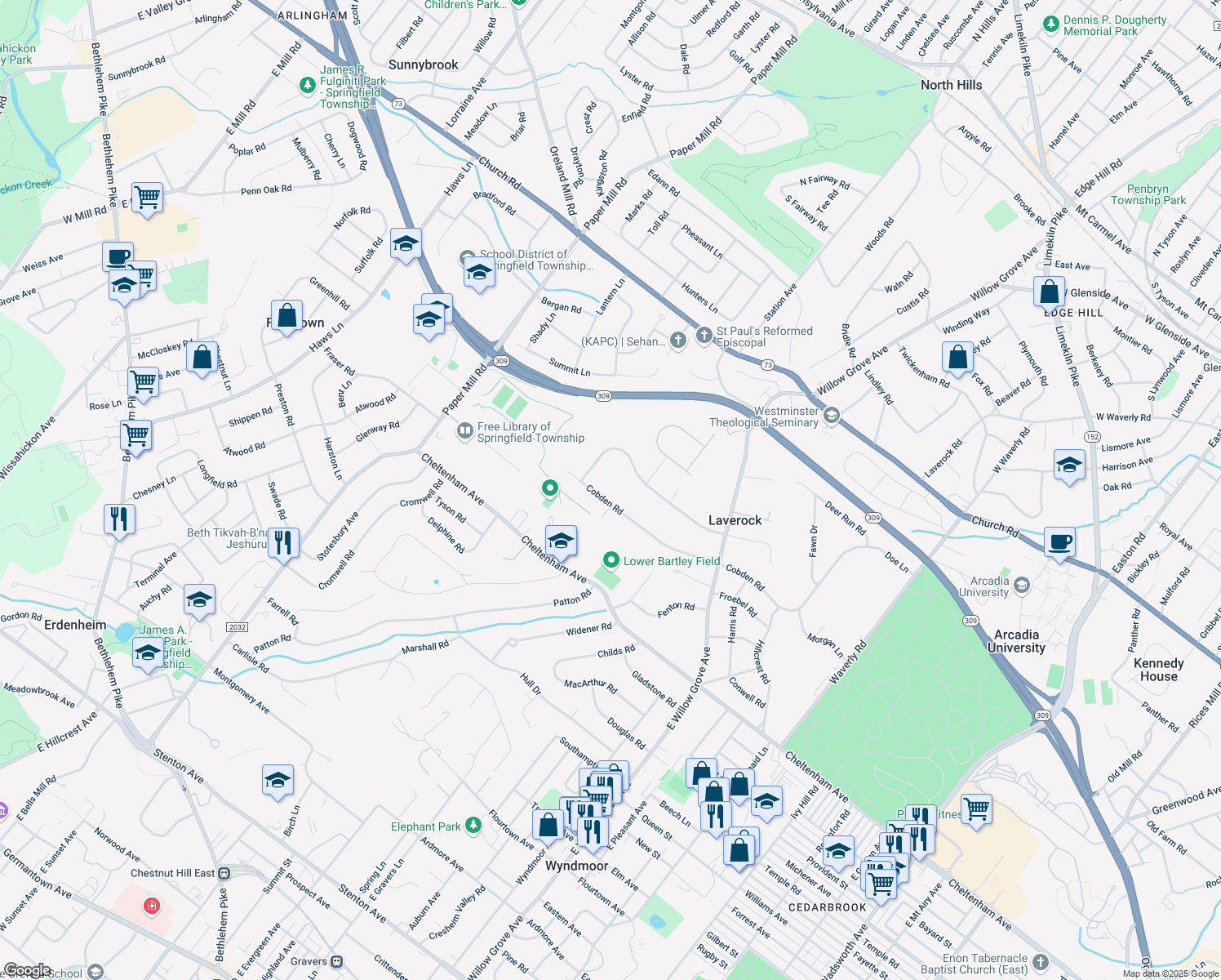 map of restaurants, bars, coffee shops, grocery stores, and more near 8403 Cobden Road in Laverock
