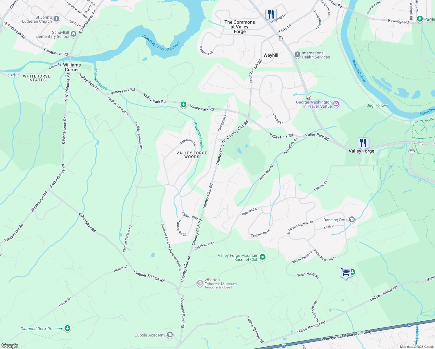 map of restaurants, bars, coffee shops, grocery stores, and more near 435 Country Club Road in Phoenixville