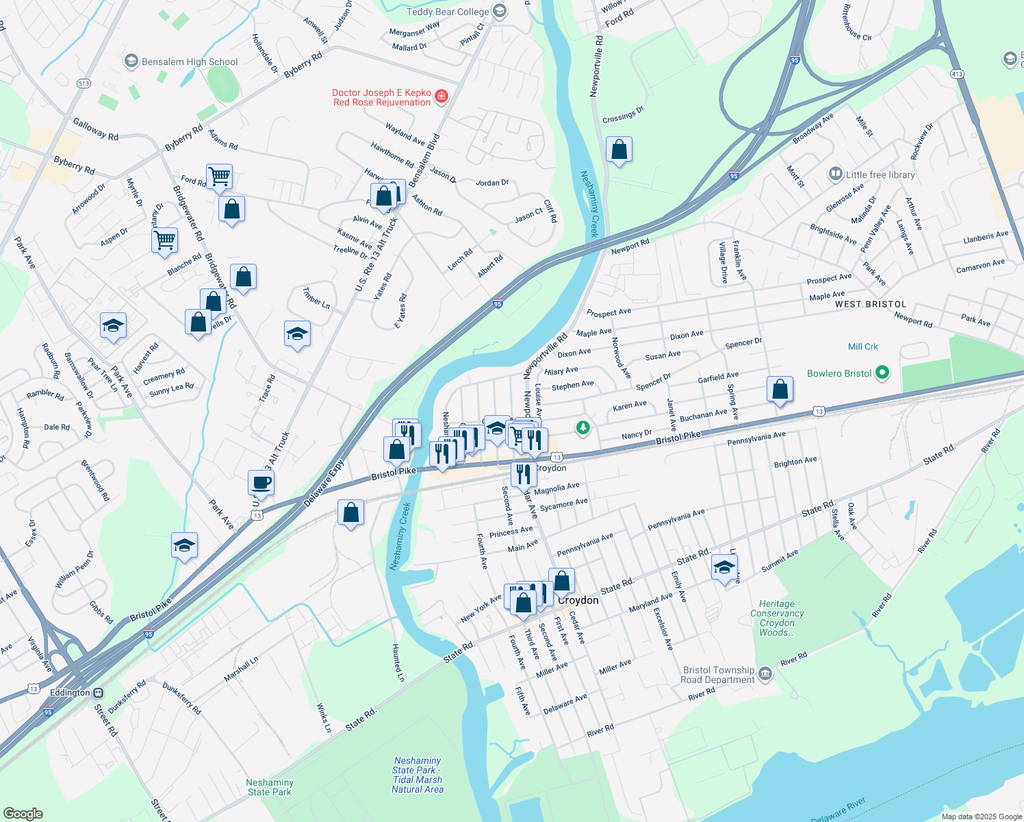map of restaurants, bars, coffee shops, grocery stores, and more near 211 Belmont Avenue in Croydon