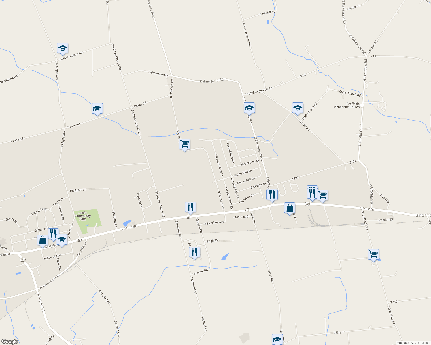 map of restaurants, bars, coffee shops, grocery stores, and more near 65 North Hershey Avenue in Leacock-Leola-Bareville