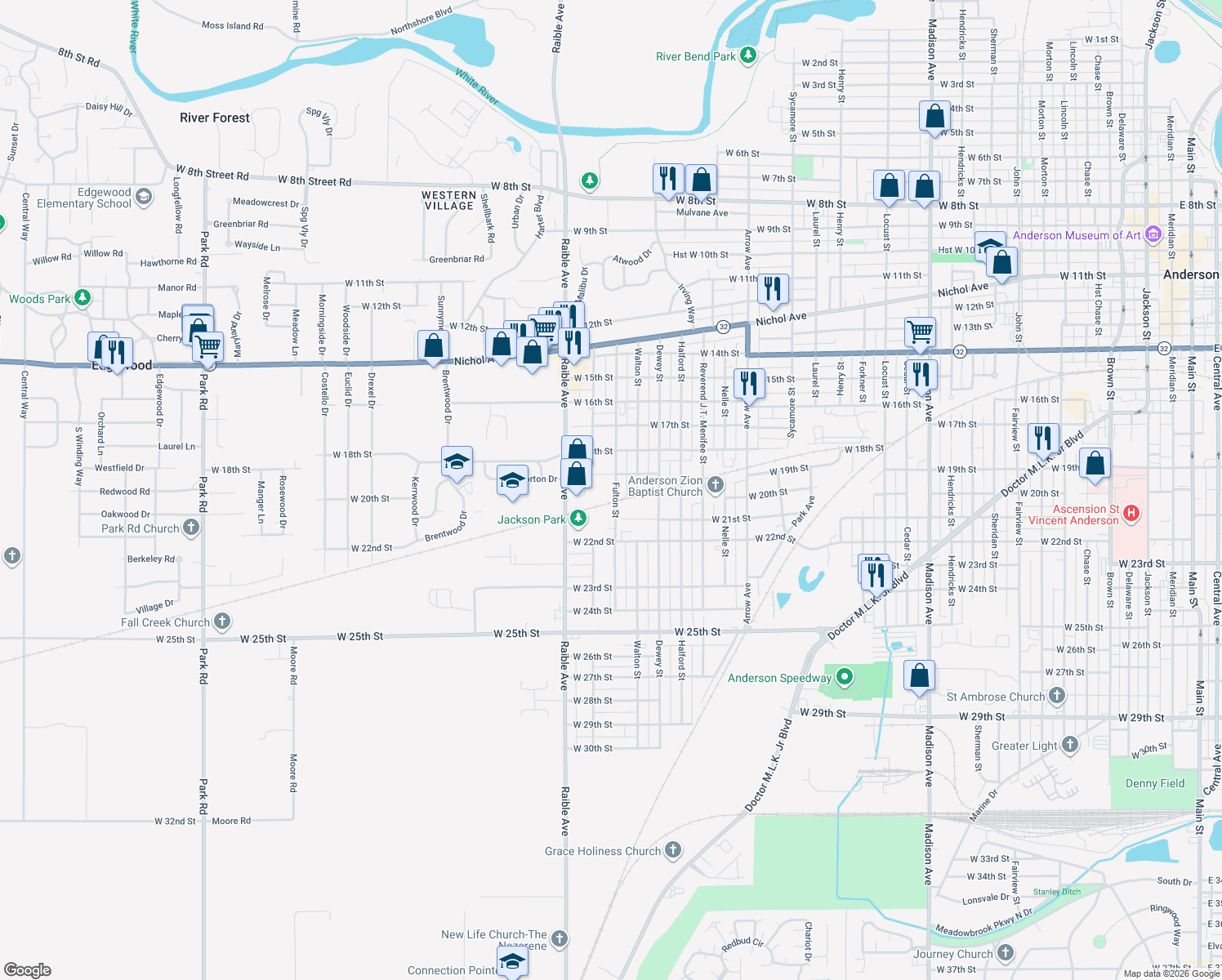 map of restaurants, bars, coffee shops, grocery stores, and more near 1909 Fulton Street in Anderson