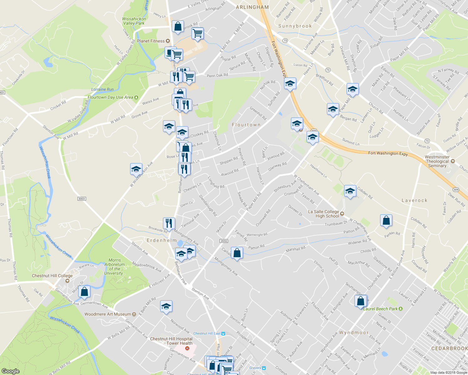 map of restaurants, bars, coffee shops, grocery stores, and more near 721 Swade Road in Erdenheim