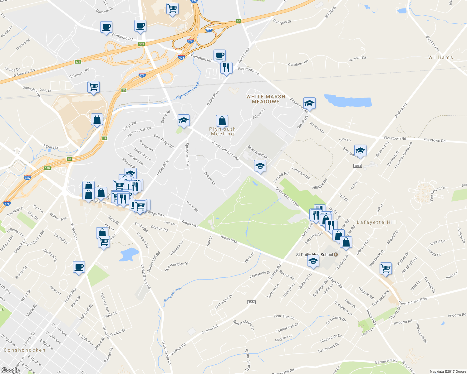 map of restaurants, bars, coffee shops, grocery stores, and more near 3175 Colony Lane in Plymouth Meeting