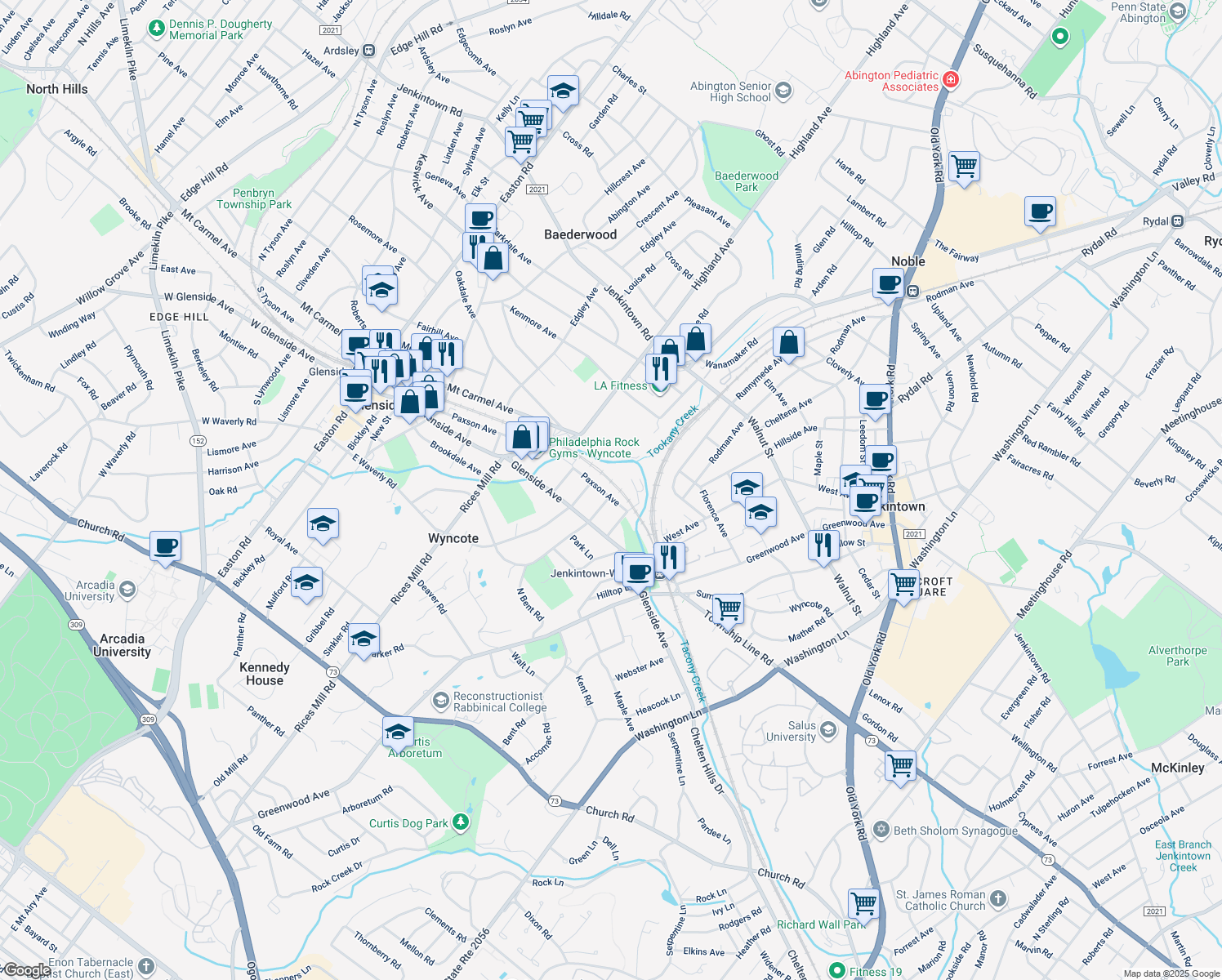 map of restaurants, bars, coffee shops, grocery stores, and more near 701 Paxson Avenue in Wyncote