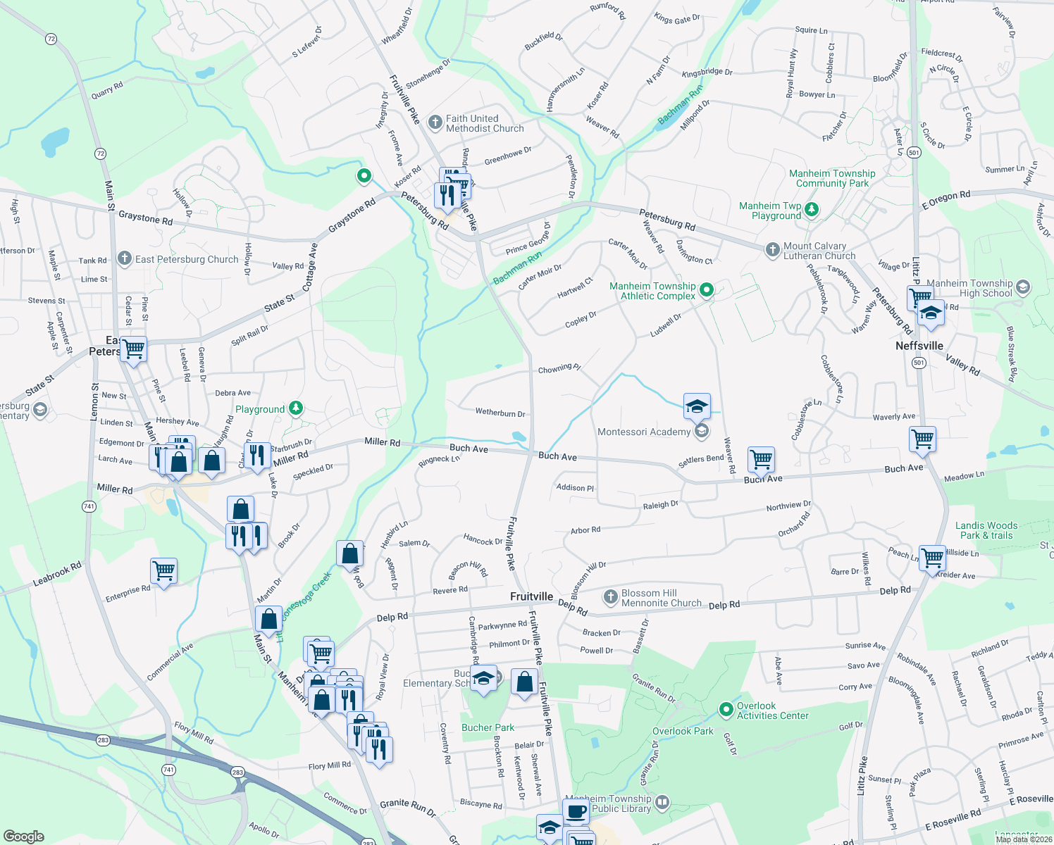 map of restaurants, bars, coffee shops, grocery stores, and more near 400 Wetherburn Dr in Lancaster