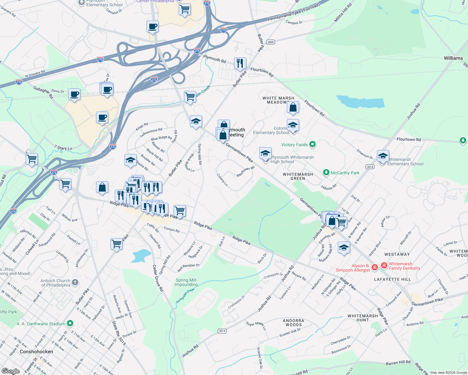 map of restaurants, bars, coffee shops, grocery stores, and more near 3150 Colony Lane in Plymouth Meeting