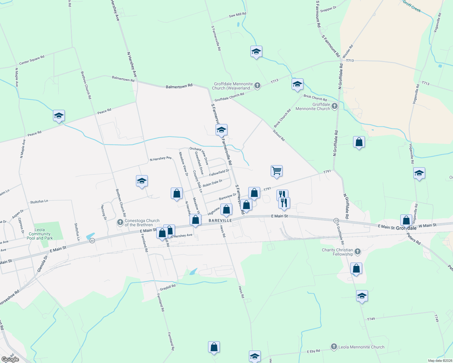 map of restaurants, bars, coffee shops, grocery stores, and more near 296 Robin Dale Drive in Leacock-Leola-Bareville
