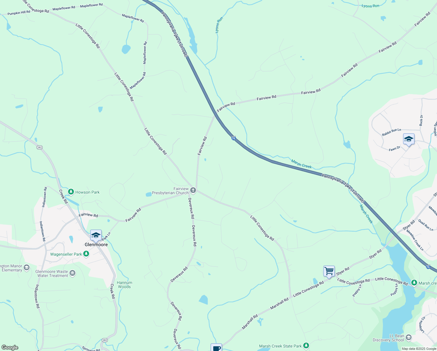 map of restaurants, bars, coffee shops, grocery stores, and more near 31 Steepleview Drive in Glenmoore