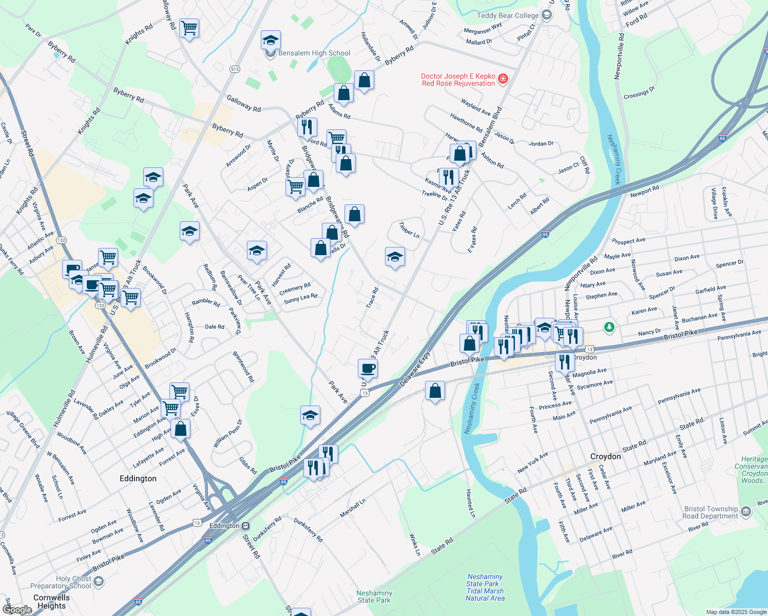 map of restaurants, bars, coffee shops, grocery stores, and more near 1003 Oldham Court in Bensalem
