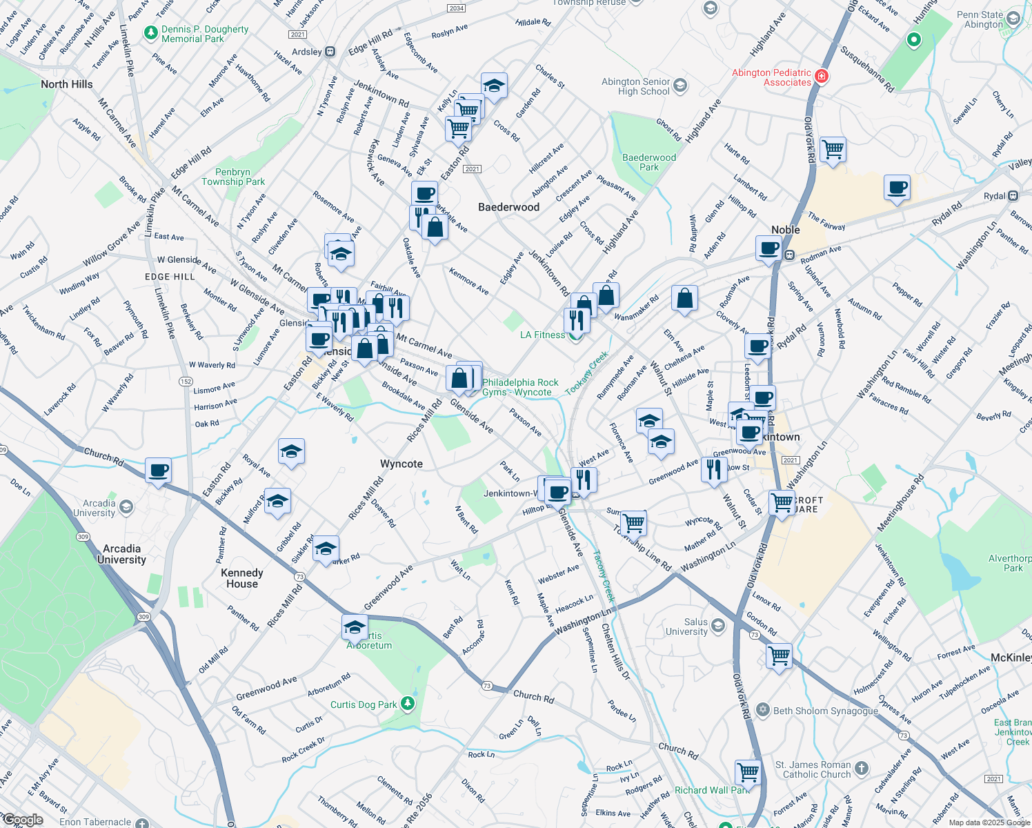 map of restaurants, bars, coffee shops, grocery stores, and more near 725 Paxson Avenue in Wyncote