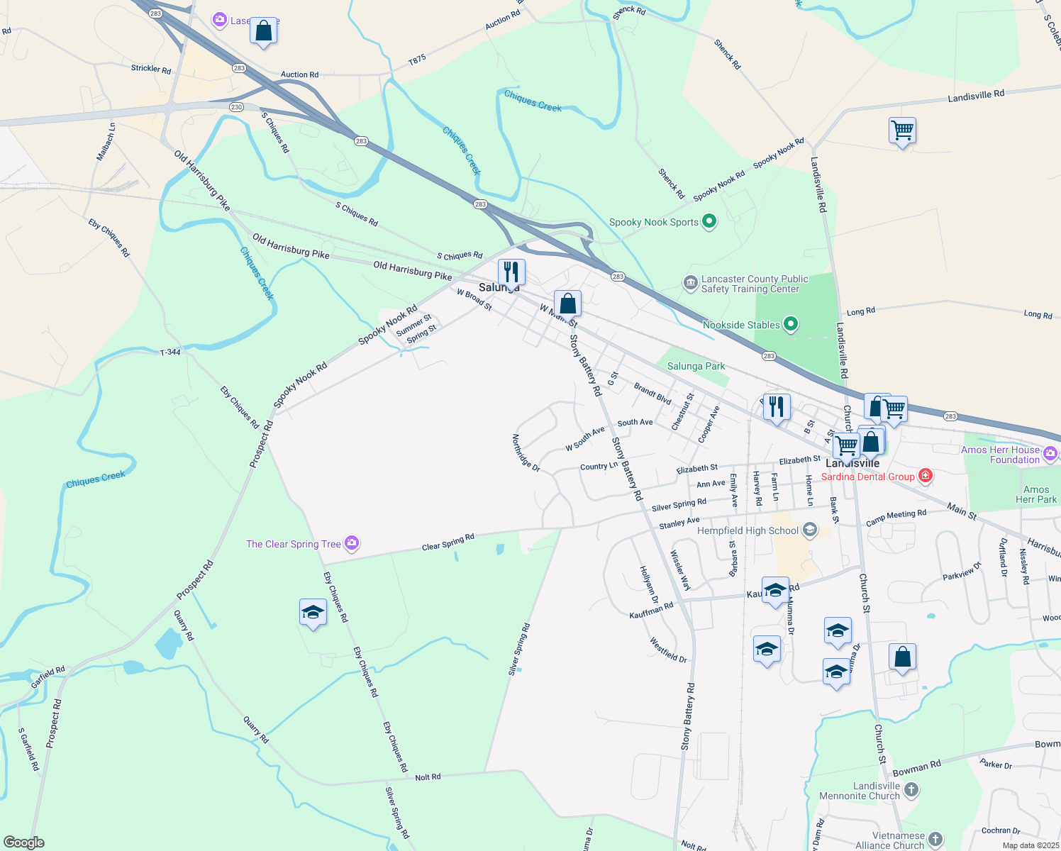map of restaurants, bars, coffee shops, grocery stores, and more near 171 Northridge Drive in Salunga-Landisville