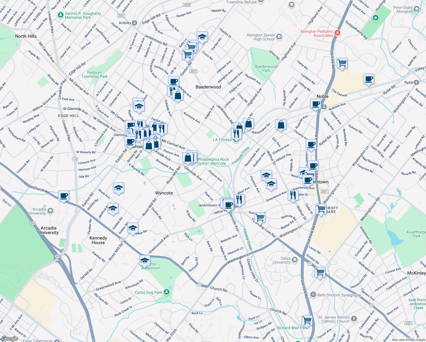 map of restaurants, bars, coffee shops, grocery stores, and more near 721 Paxson Avenue in Wyncote