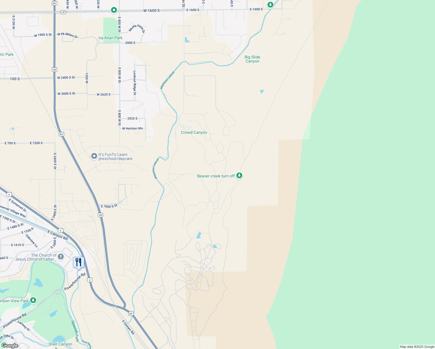 map of restaurants, bars, coffee shops, grocery stores, and more near 3665 South Mapleton Estates Drive in Mapleton