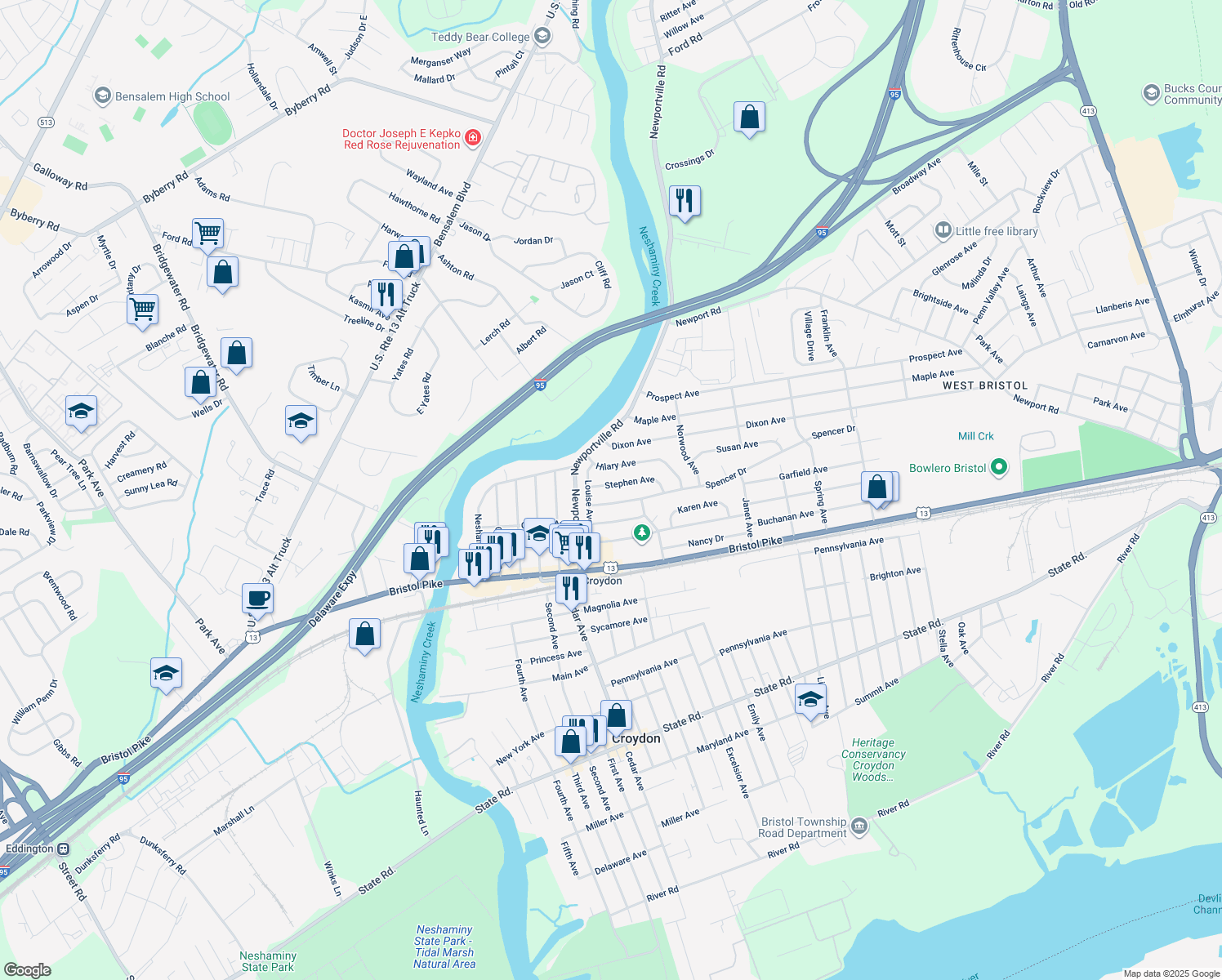 map of restaurants, bars, coffee shops, grocery stores, and more near 906 Stephen Avenue in Croydon