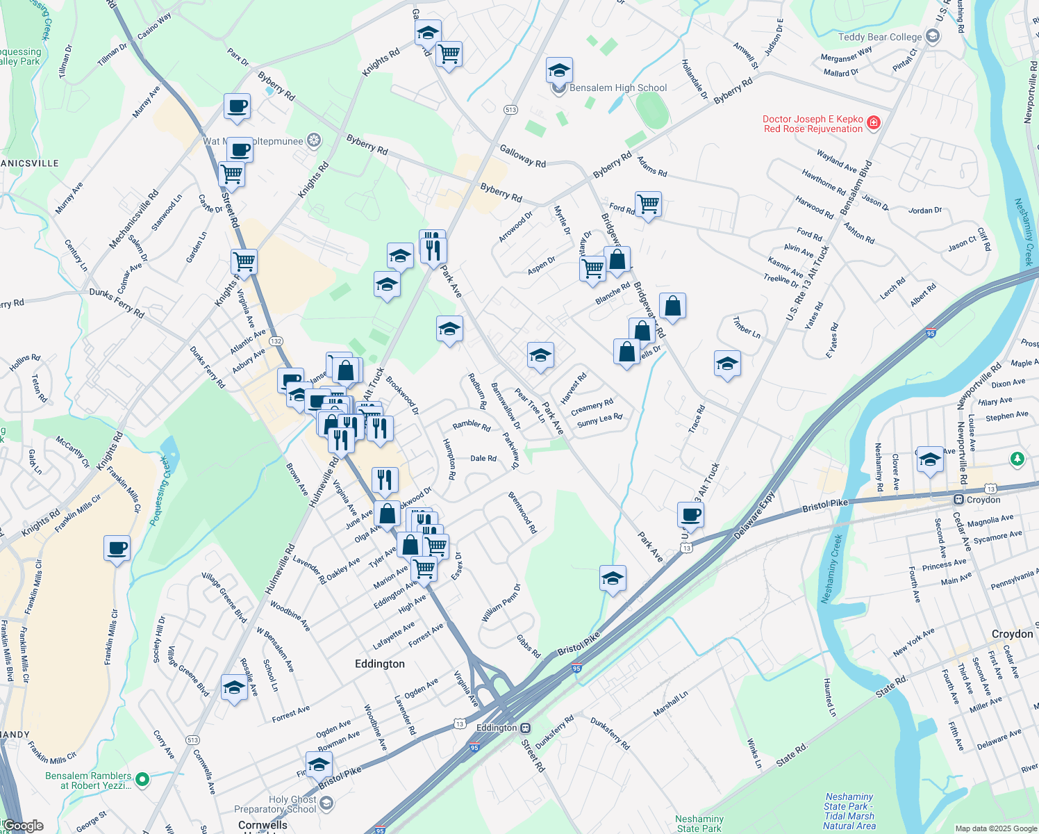 map of restaurants, bars, coffee shops, grocery stores, and more near 3603 Big Barn Lane in Bensalem