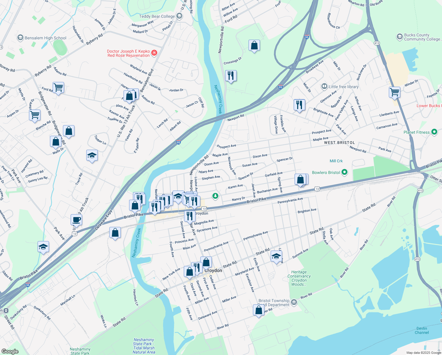 map of restaurants, bars, coffee shops, grocery stores, and more near 1006 Stephen Avenue in Croydon