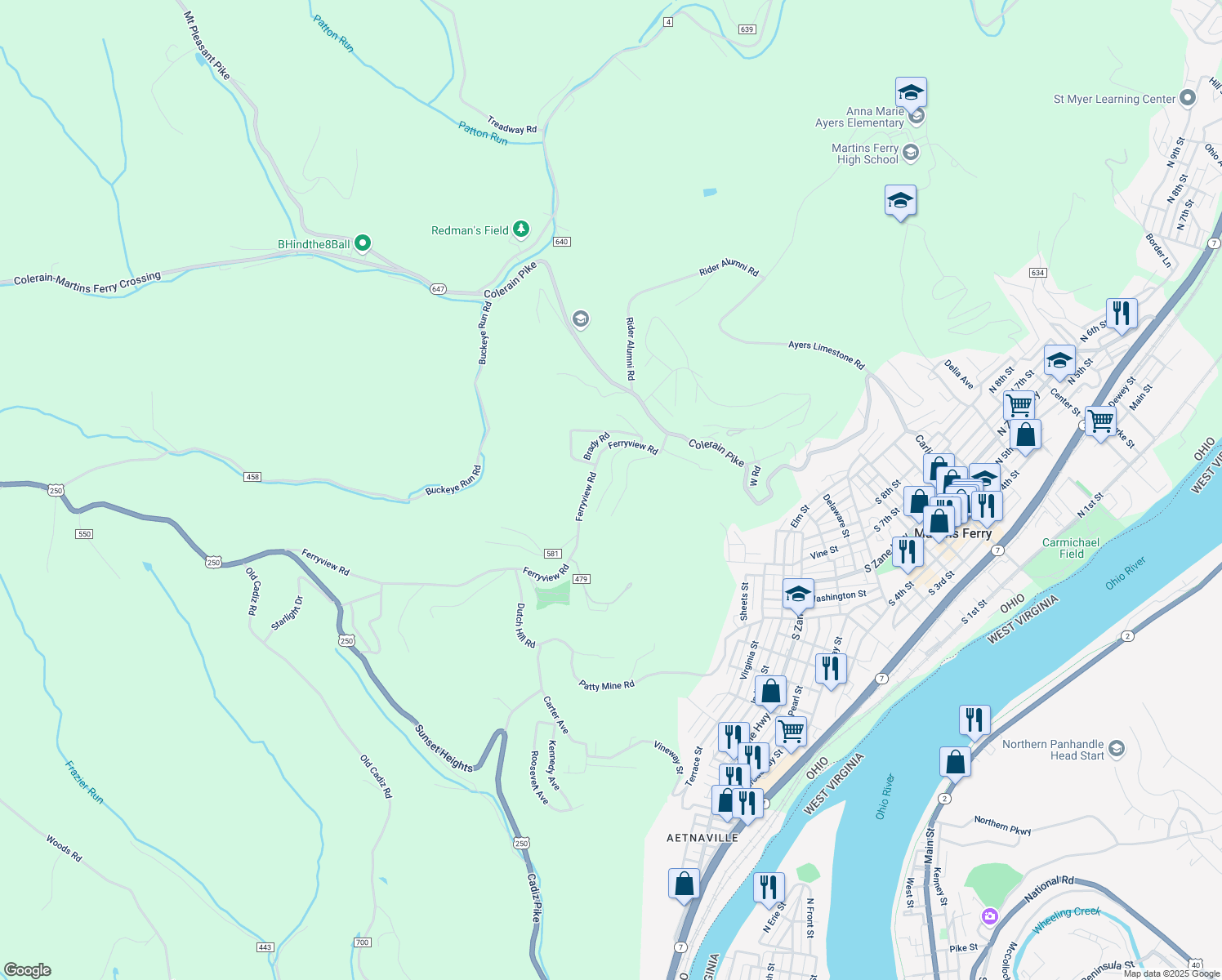 map of restaurants, bars, coffee shops, grocery stores, and more near 69798 Ohio Street in Martins Ferry