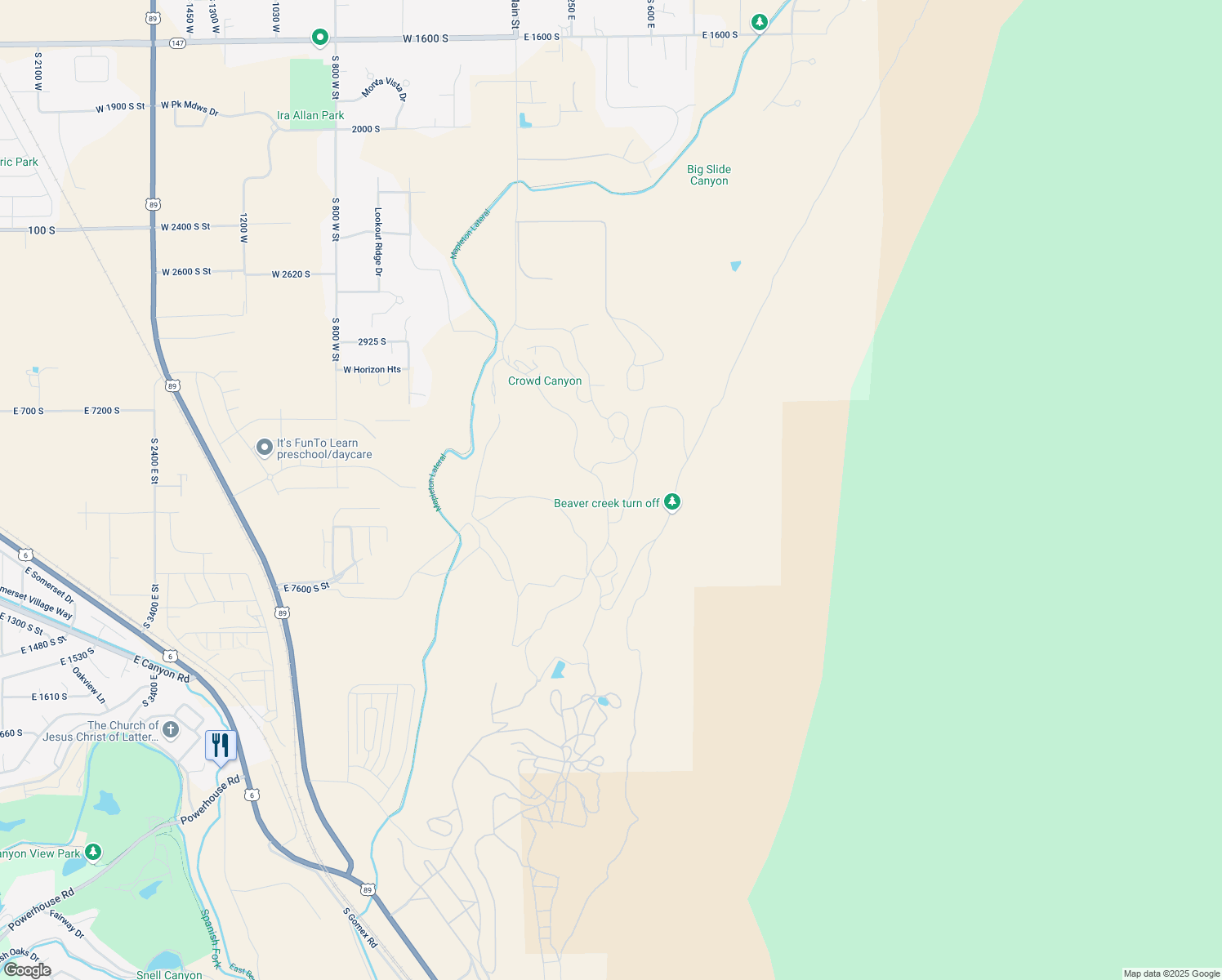 map of restaurants, bars, coffee shops, grocery stores, and more near 3659 South Mapleton Estates Drive in Mapleton
