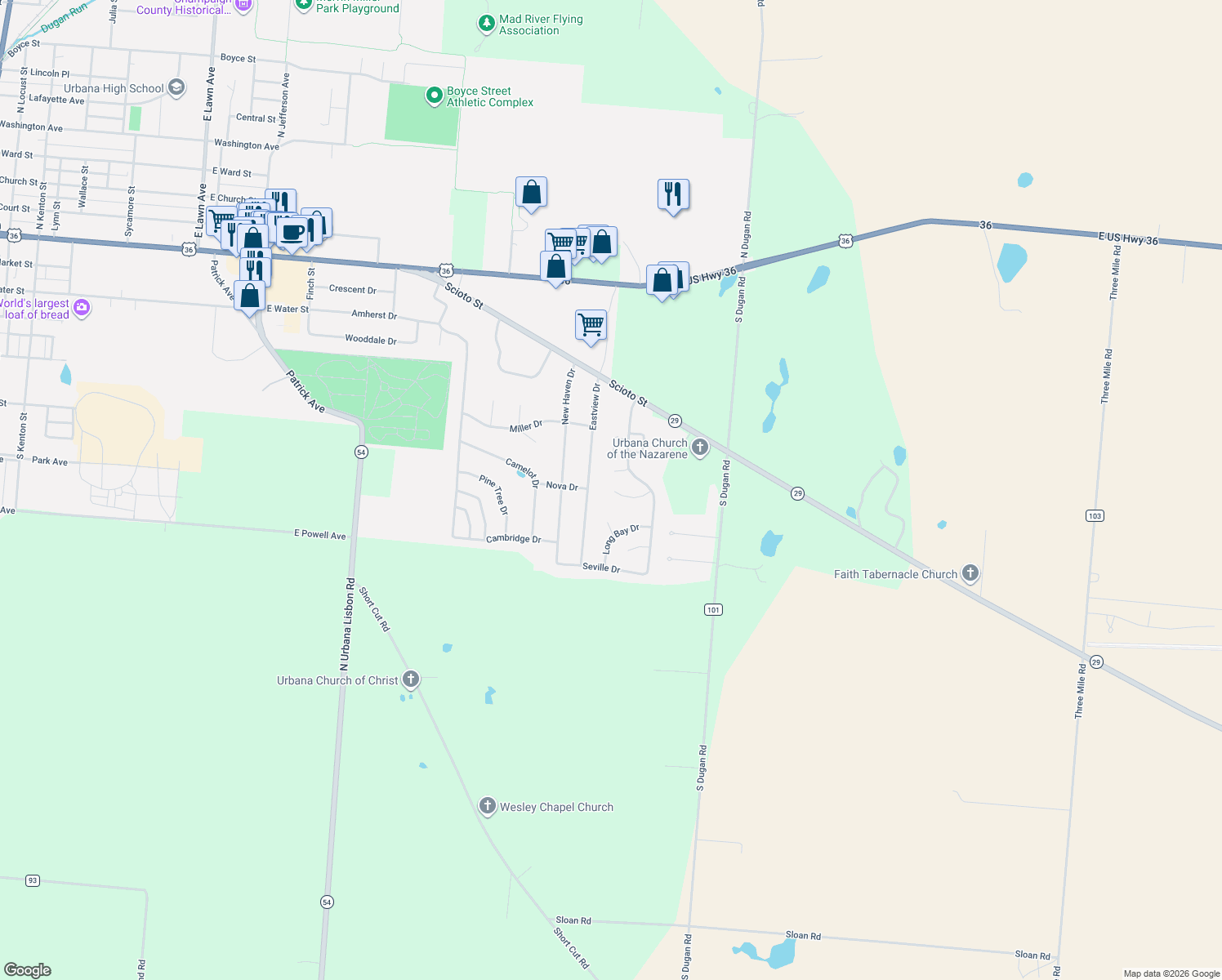 map of restaurants, bars, coffee shops, grocery stores, and more near 158 Bentwood Ct in Urbana