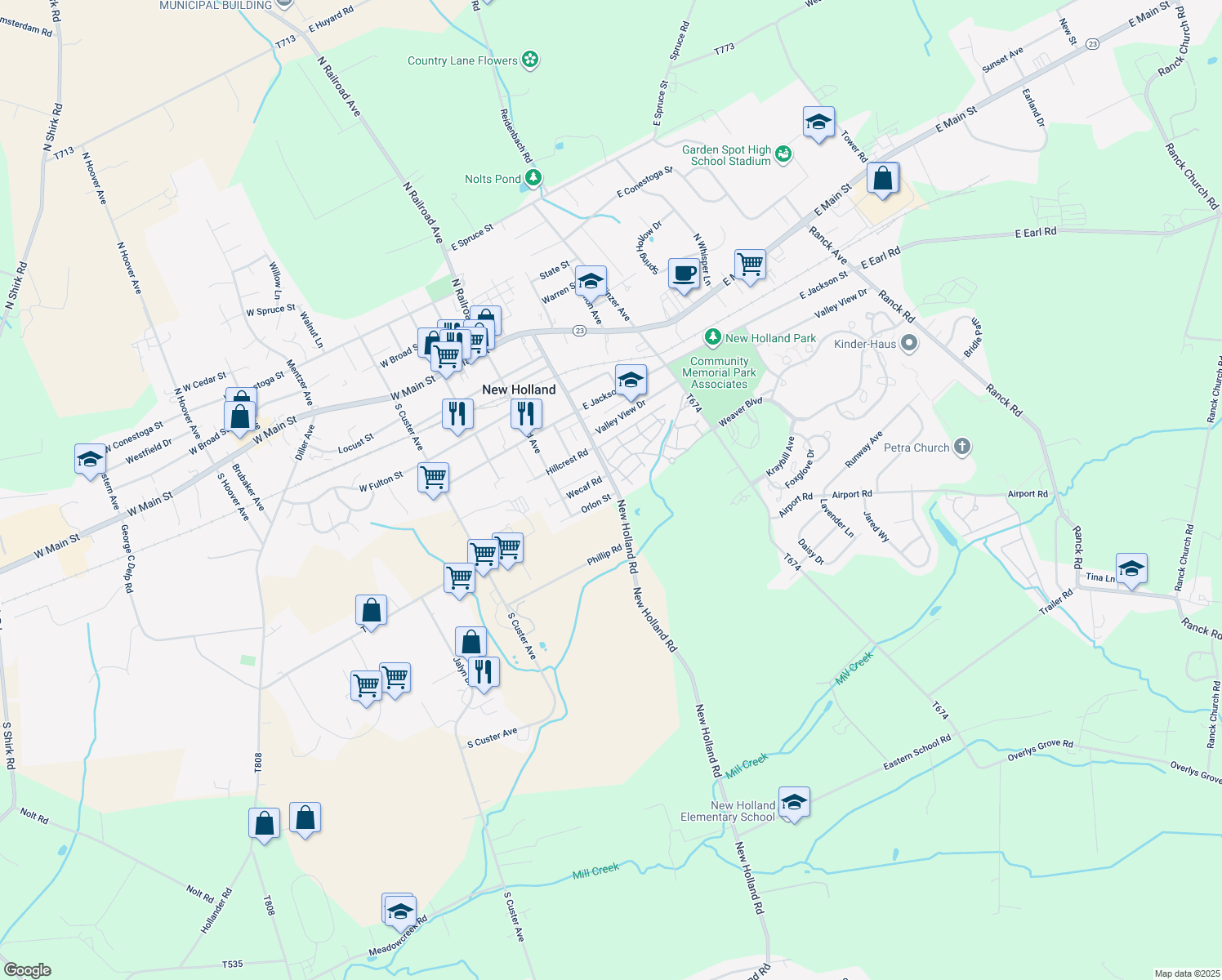 map of restaurants, bars, coffee shops, grocery stores, and more near 446 Brimmer Avenue in New Holland
