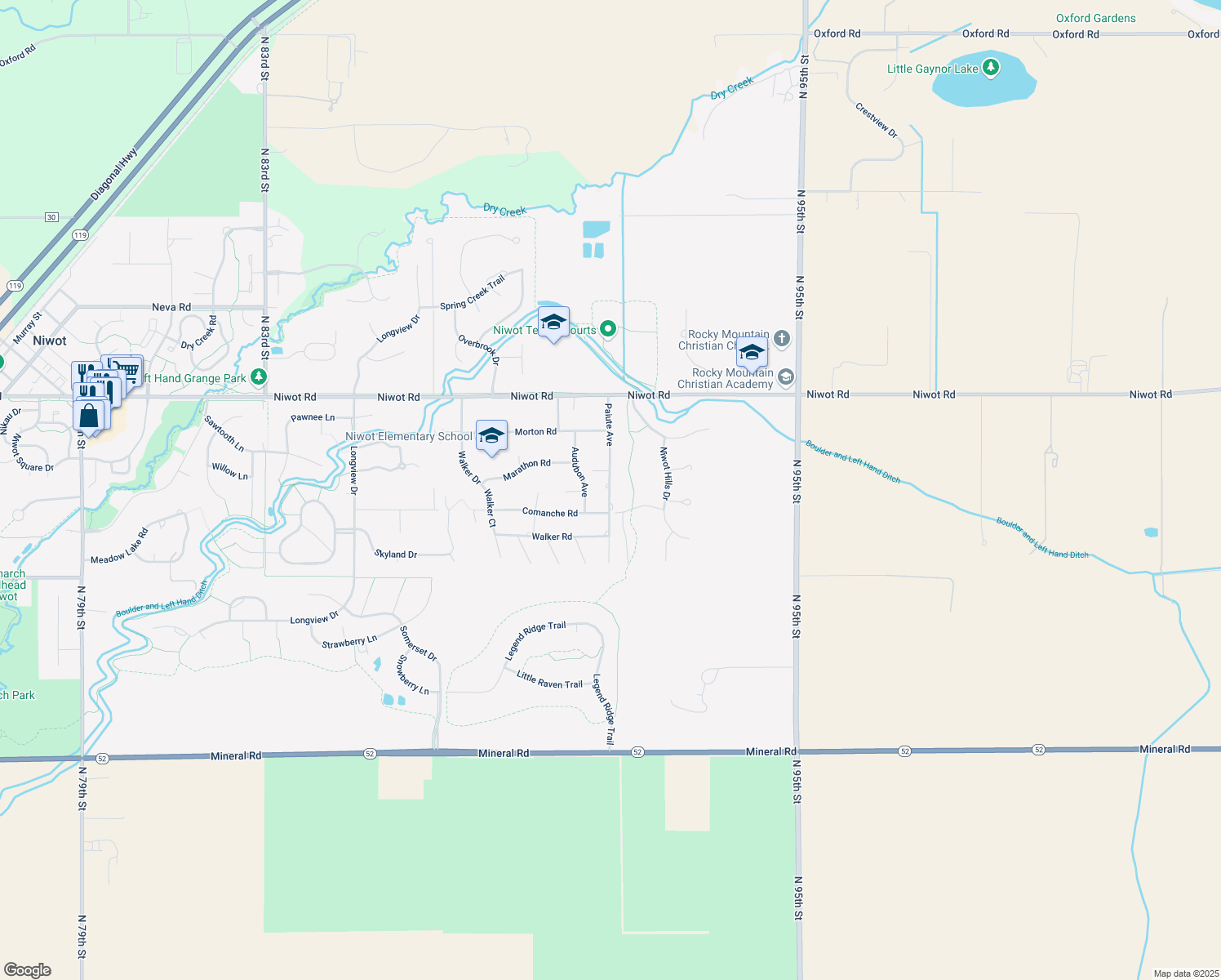 map of restaurants, bars, coffee shops, grocery stores, and more near 6798 Paiute Avenue in Niwot