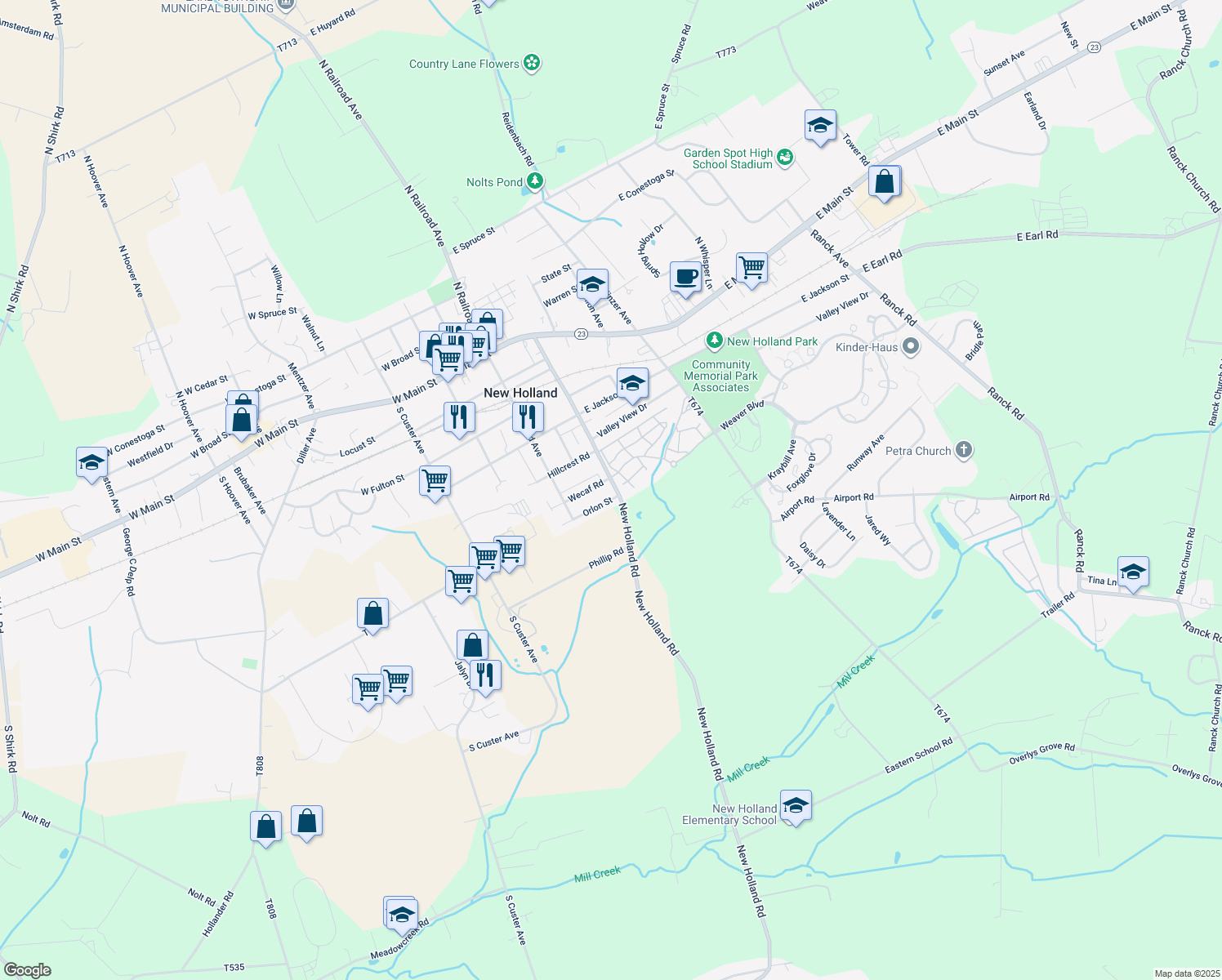 map of restaurants, bars, coffee shops, grocery stores, and more near 442 Brimmer Avenue in New Holland