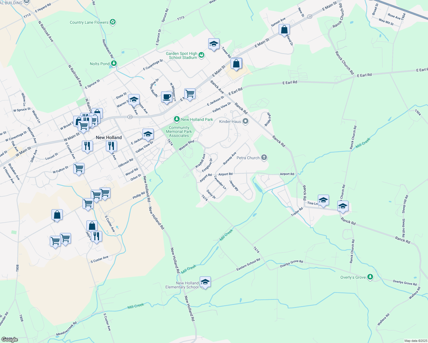 map of restaurants, bars, coffee shops, grocery stores, and more near 3 Runway Avenue in New Holland