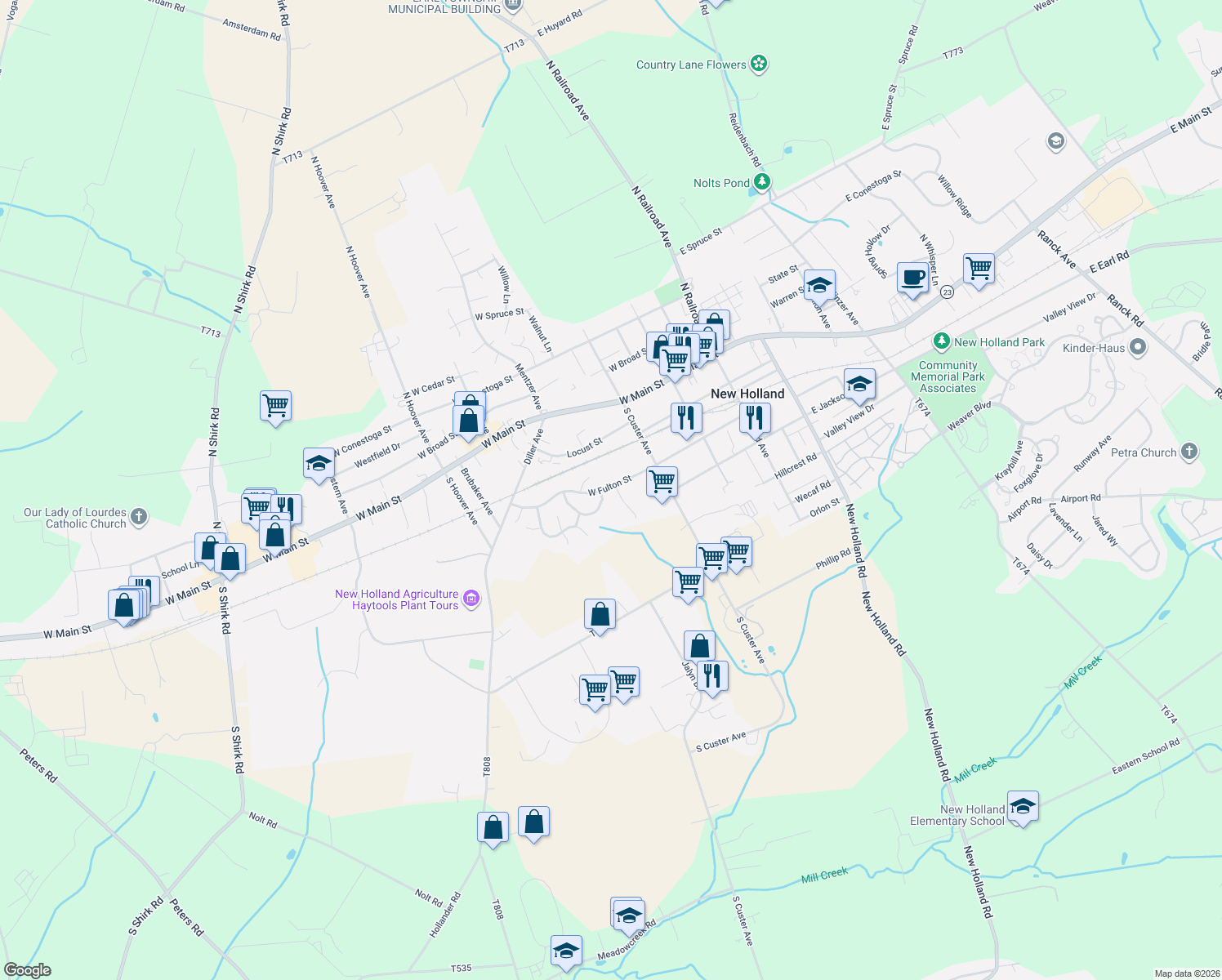 map of restaurants, bars, coffee shops, grocery stores, and more near 200 South Brookefield Lane in New Holland