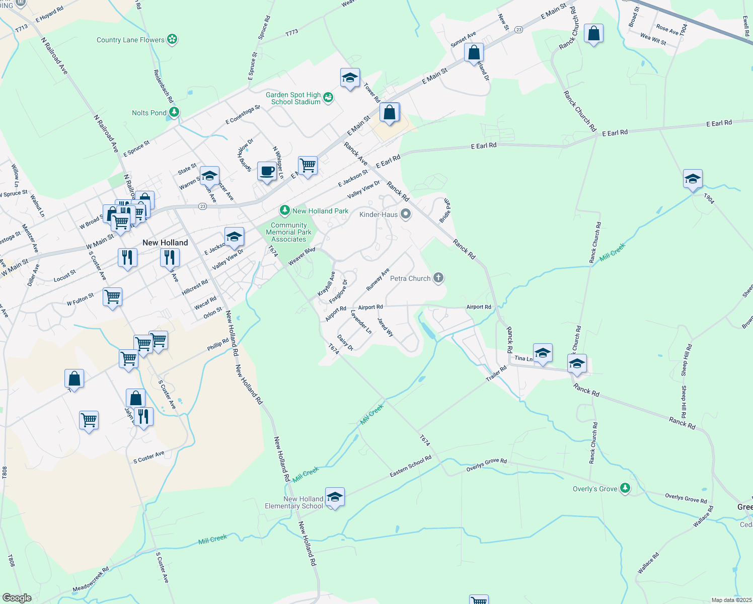 map of restaurants, bars, coffee shops, grocery stores, and more near 517 Airport Rd in New Holland