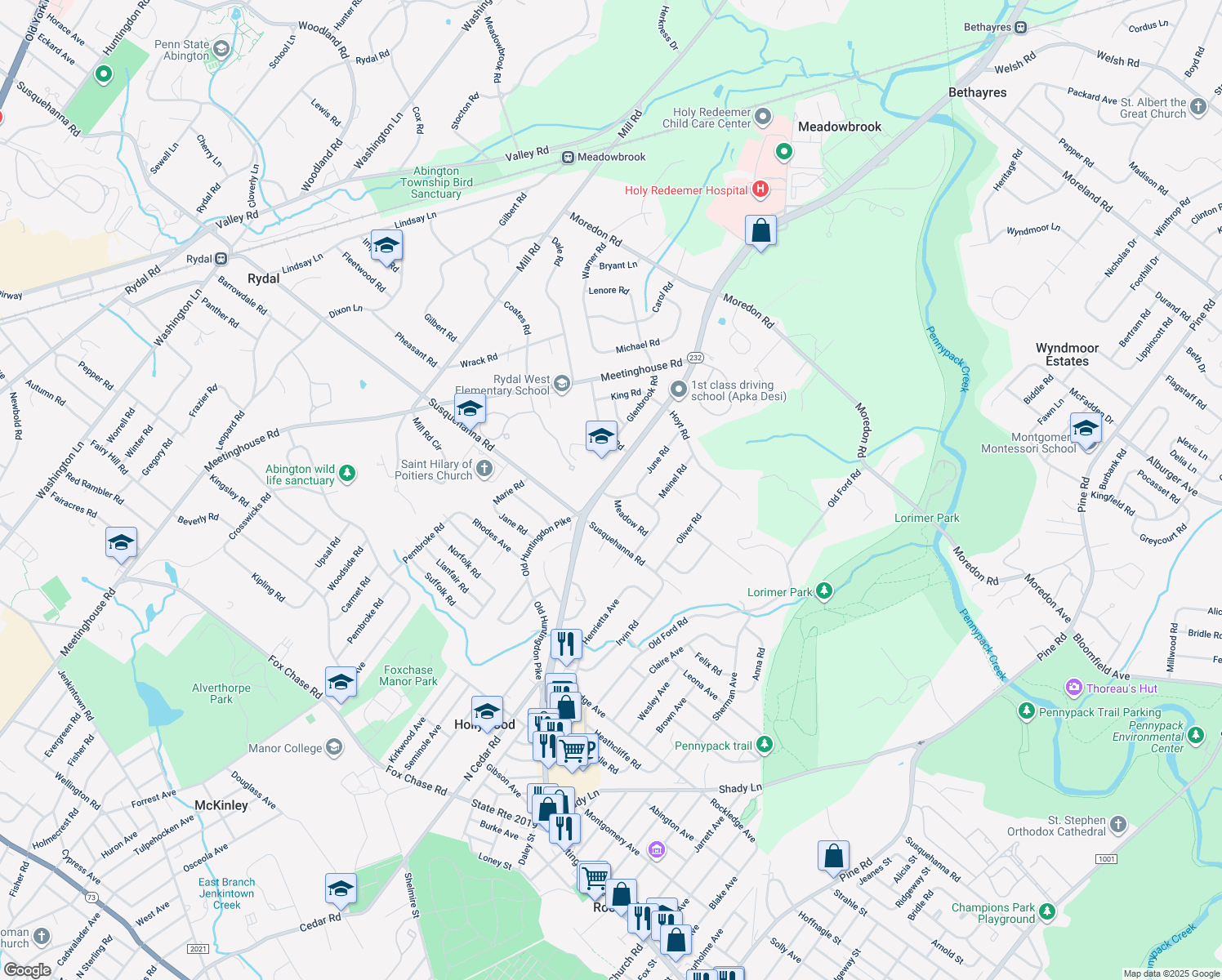 map of restaurants, bars, coffee shops, grocery stores, and more near 665 Linton Rd in Huntingdon Valley