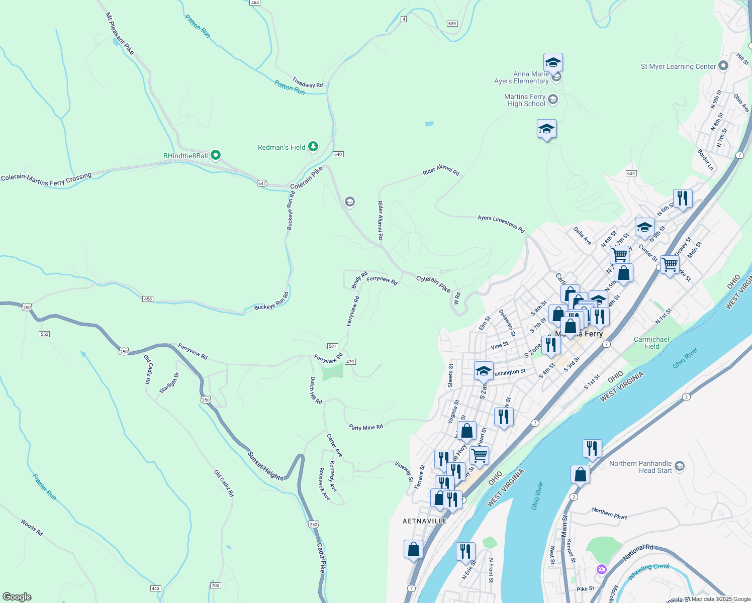 map of restaurants, bars, coffee shops, grocery stores, and more near 69798 Ohio Street in Martins Ferry