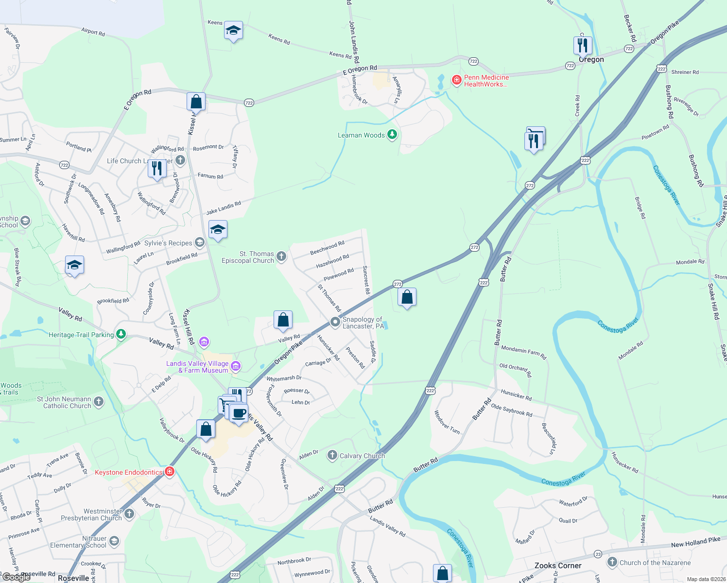 map of restaurants, bars, coffee shops, grocery stores, and more near 107 Suncrest Rd in Lancaster