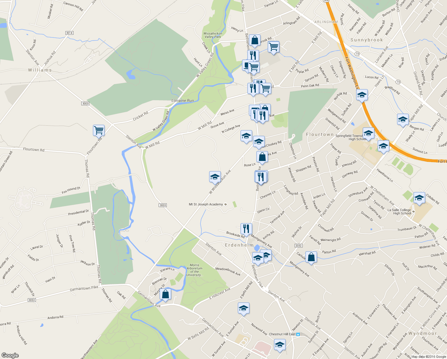 map of restaurants, bars, coffee shops, grocery stores, and more near 64 West Wissahickon Avenue in Flourtown