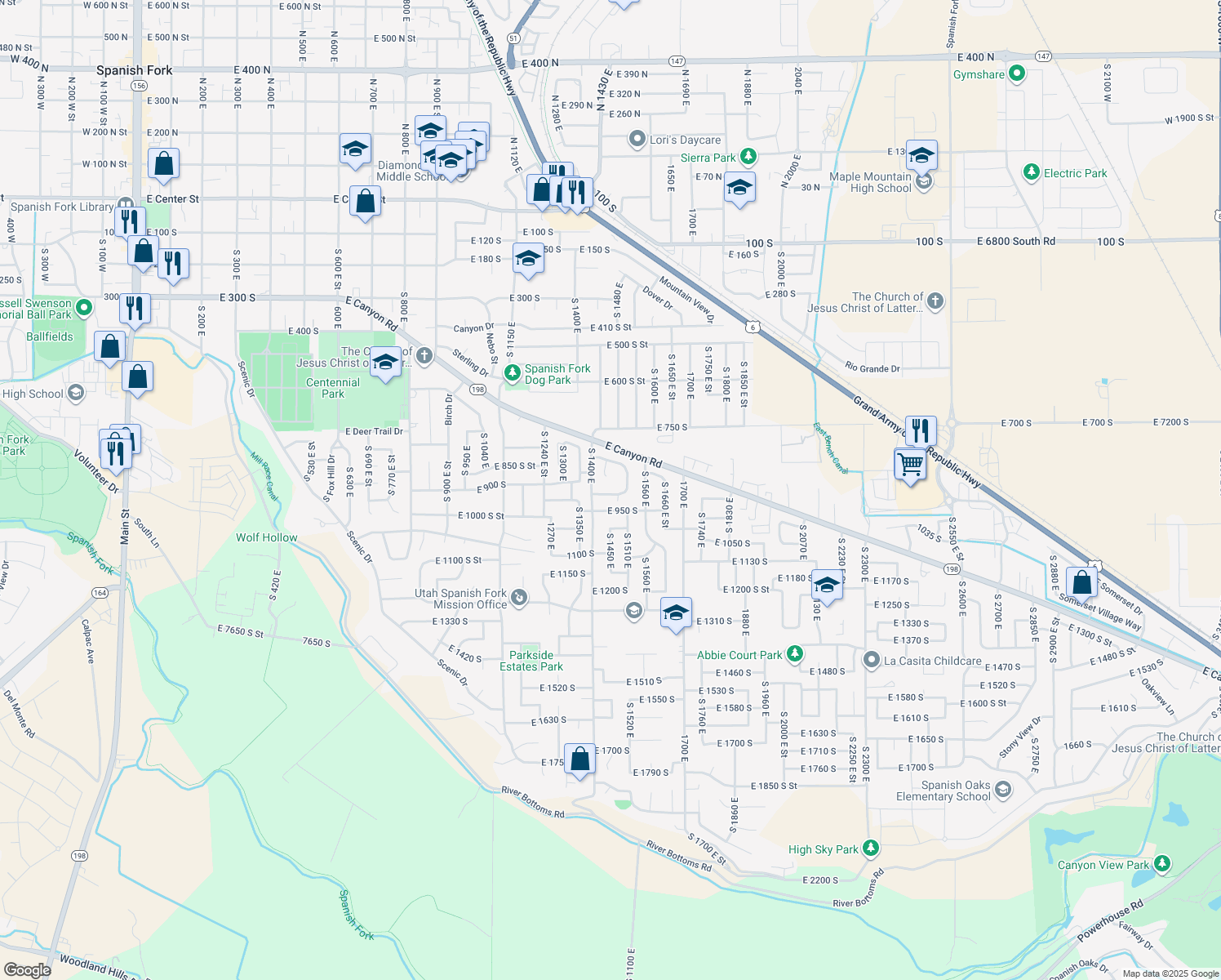 map of restaurants, bars, coffee shops, grocery stores, and more near 1473 East 910 South Street in Spanish Fork