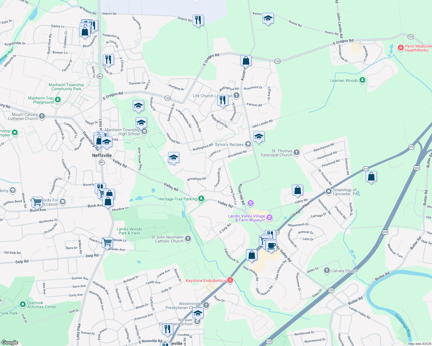 map of restaurants, bars, coffee shops, grocery stores, and more near 2836 Countryside Dr in Lancaster